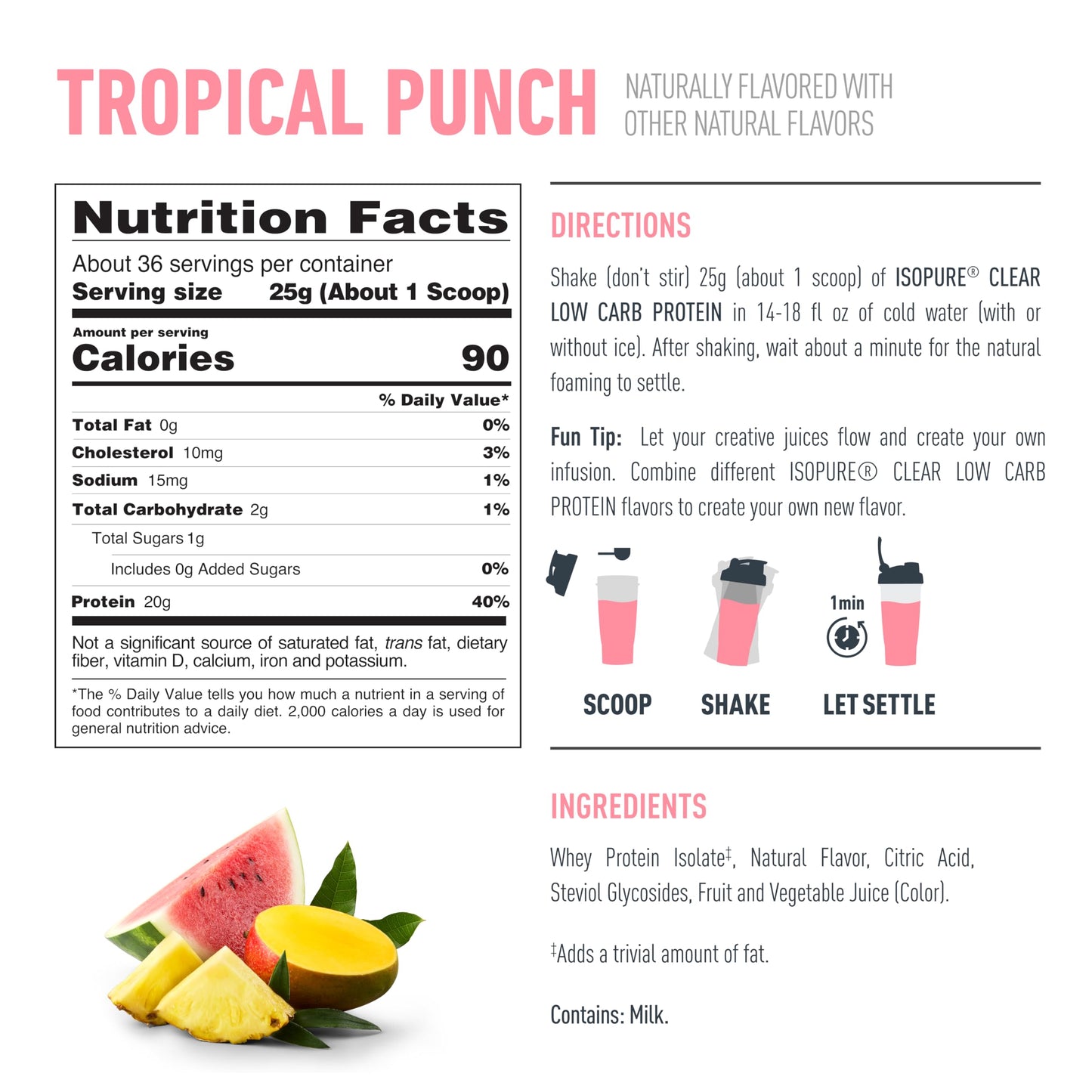 Isopure Clear Whey Isolate Protein Powder, Lactose Free, Gluten Free, Naturally Flavored, Tropical Punch, 20g Protein Per Serving, 1.9 Lbs, 36 Servings (Packaging May Vary)