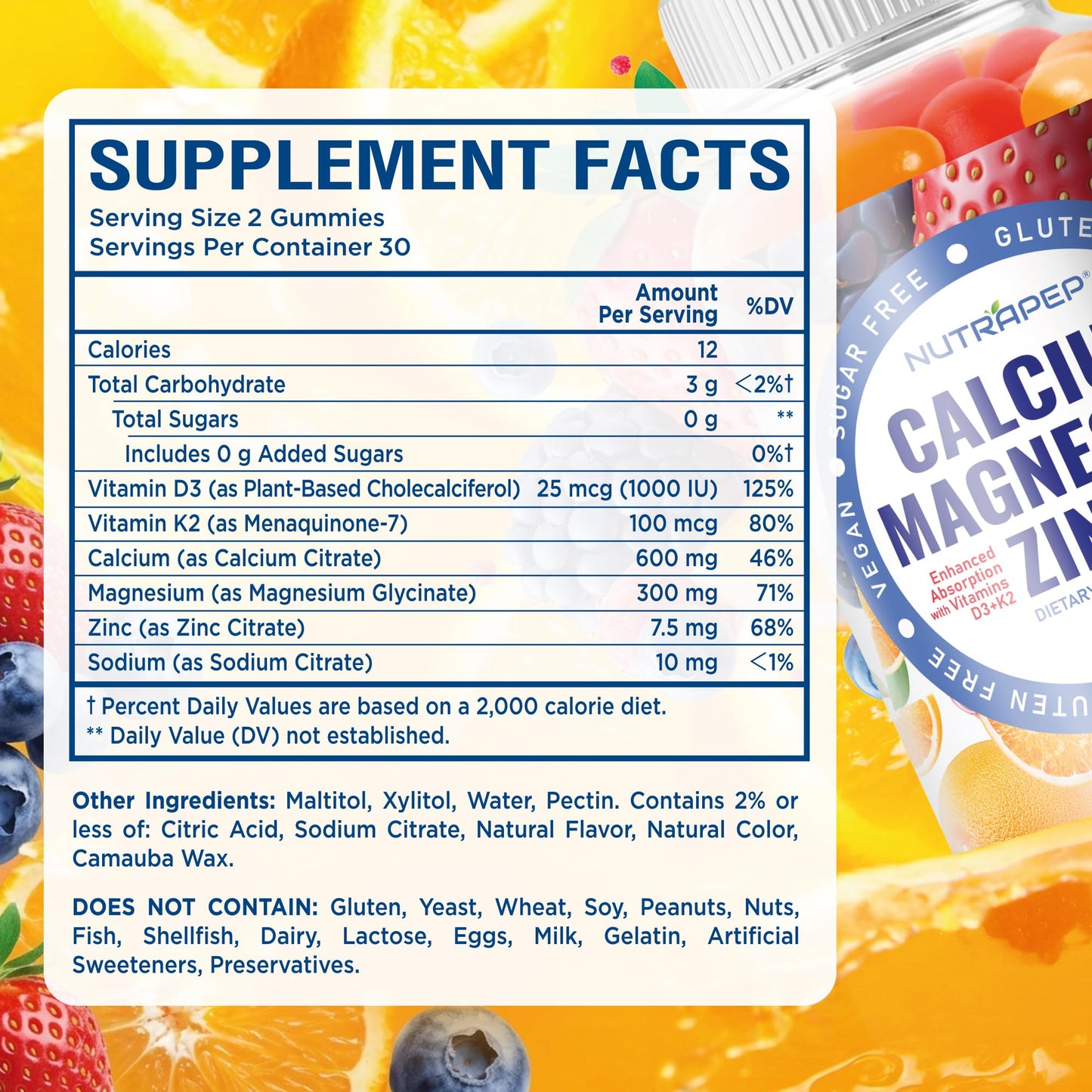 NutraPep Calcium Magnesium Zinc Supplement Gummies With Vitamin D3 K2, Magnesium Glycinate, 60 Gummies