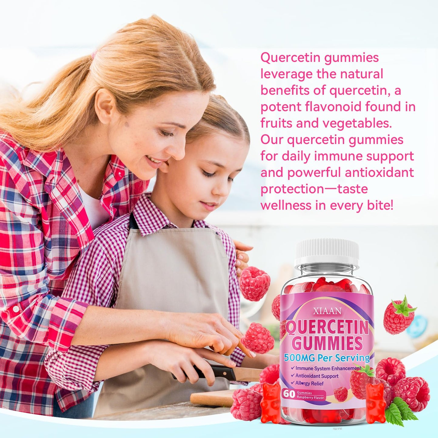 XIAAN Quercetin Gummies 500mg for Kids & Adults, Raspberry Flavor, 60 Count