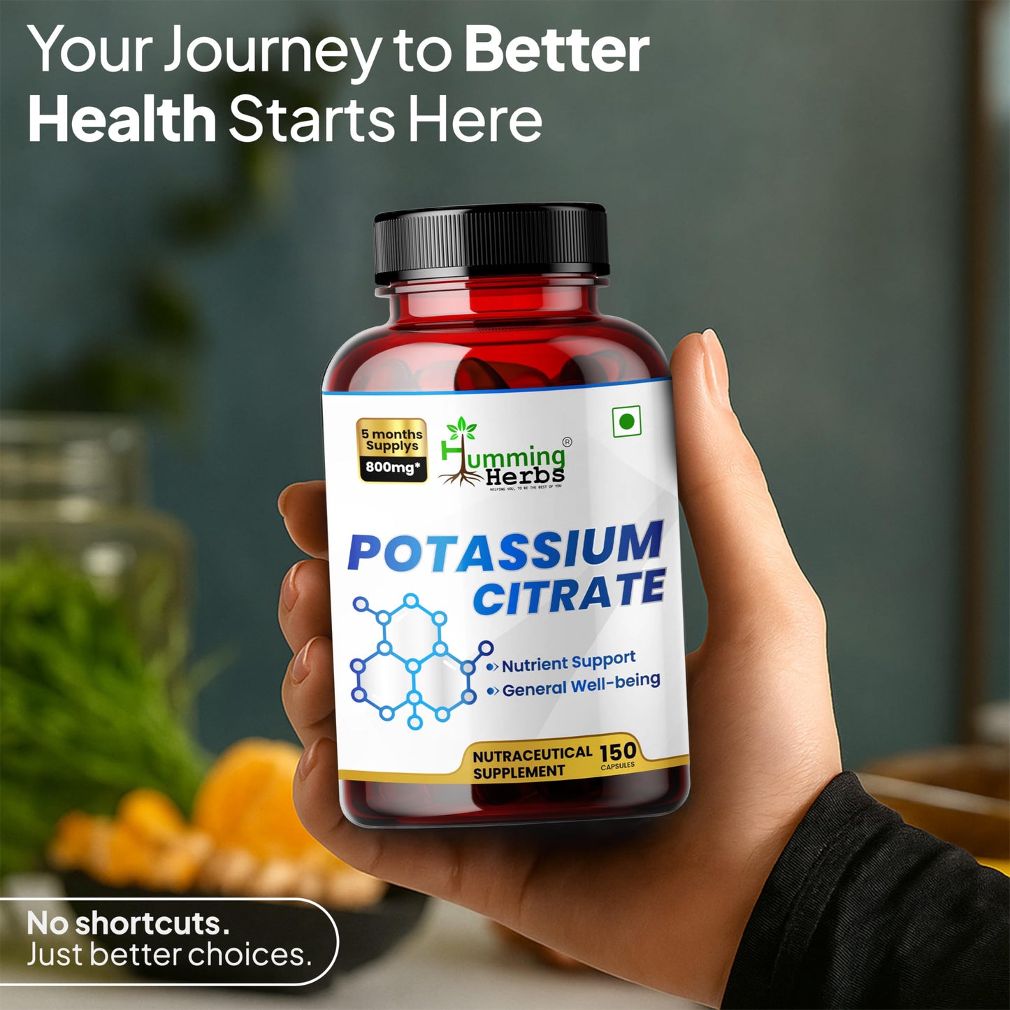 Humming Herbs Potassium Citrate 800 mg (306 mg Elemental Potassium) – Electrolyte & pH Balance Support – Vegan, Non-GMO, 150 Capsules