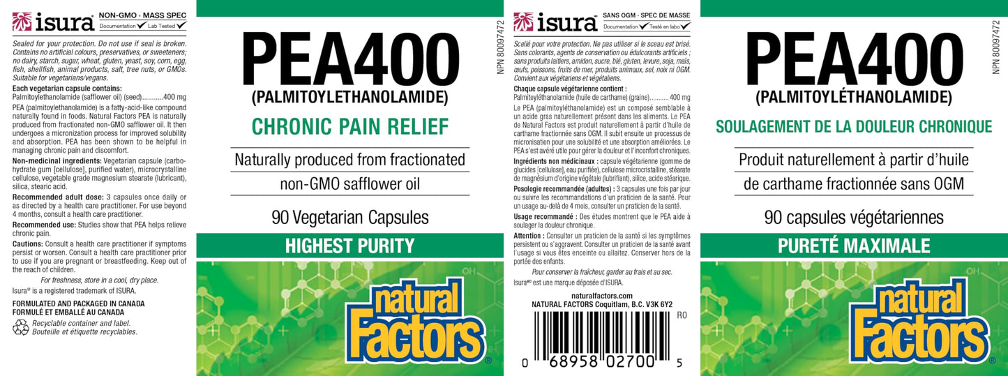 Natural Factors PEA400 Pure Palmitoylethanolamide for Relief - Supports Nervous System & Occasional Discomfort - Non-GMO 90 Capsules