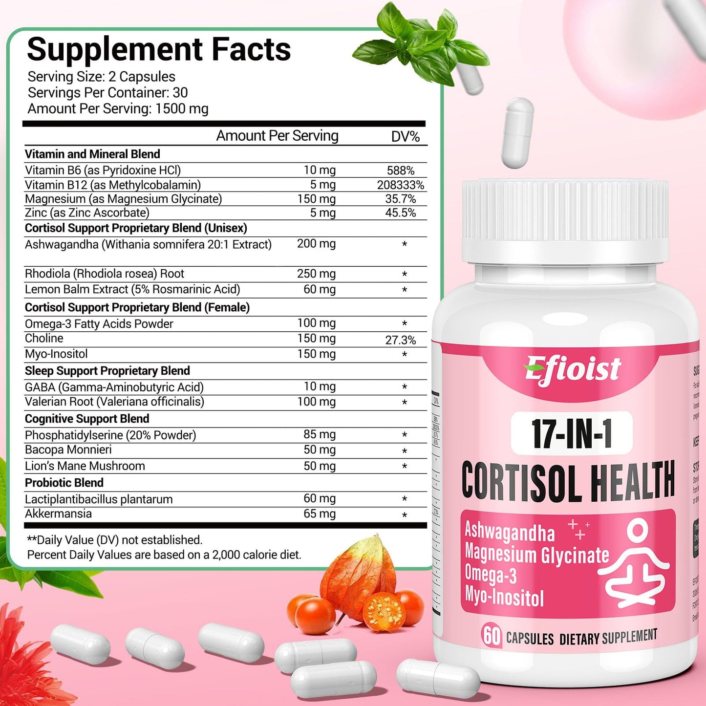 Efioist Cortisol Reducer for Women, 17-in-1 Cortisol Supplement with Ashwagandha, Rhodiola Rosea & Magnesium Glycinate, Focus, Mood & Sleep Support, 60 Capsules