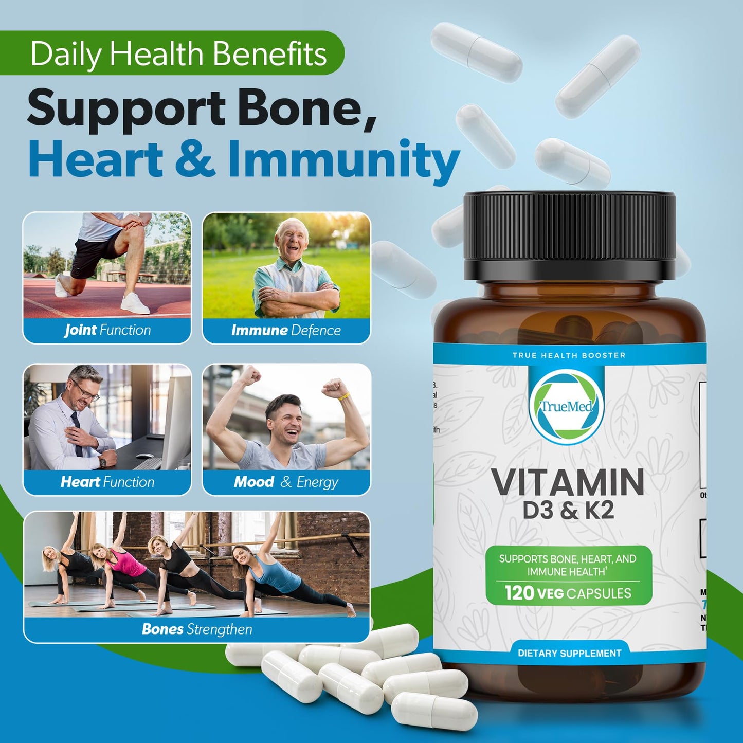 TRUEMED Vitamin D3 K2 5000 IU MK-7 90 mcg Veg Capsules, 120 Count