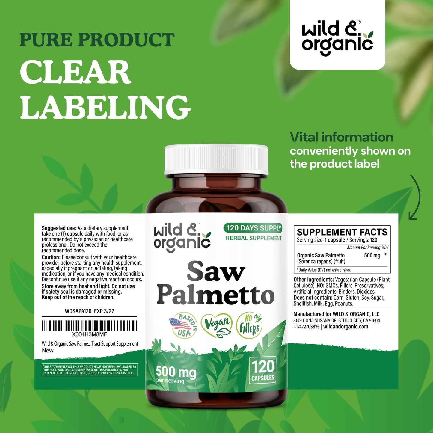 Wild & Organic Saw Palmetto Capsules 500 mg, 120 Count