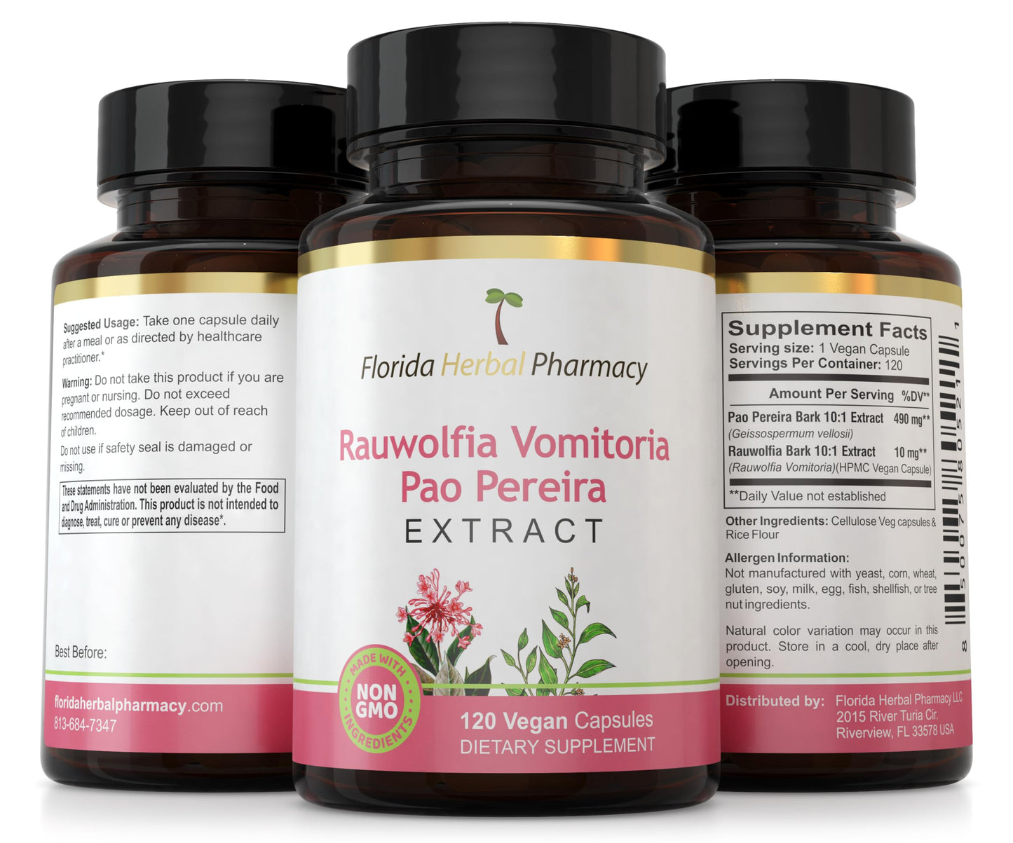 Florida Herbal Pharmacy Pao Pereira Rauwolfia Extract Capsules 10:1, 120 Capsules