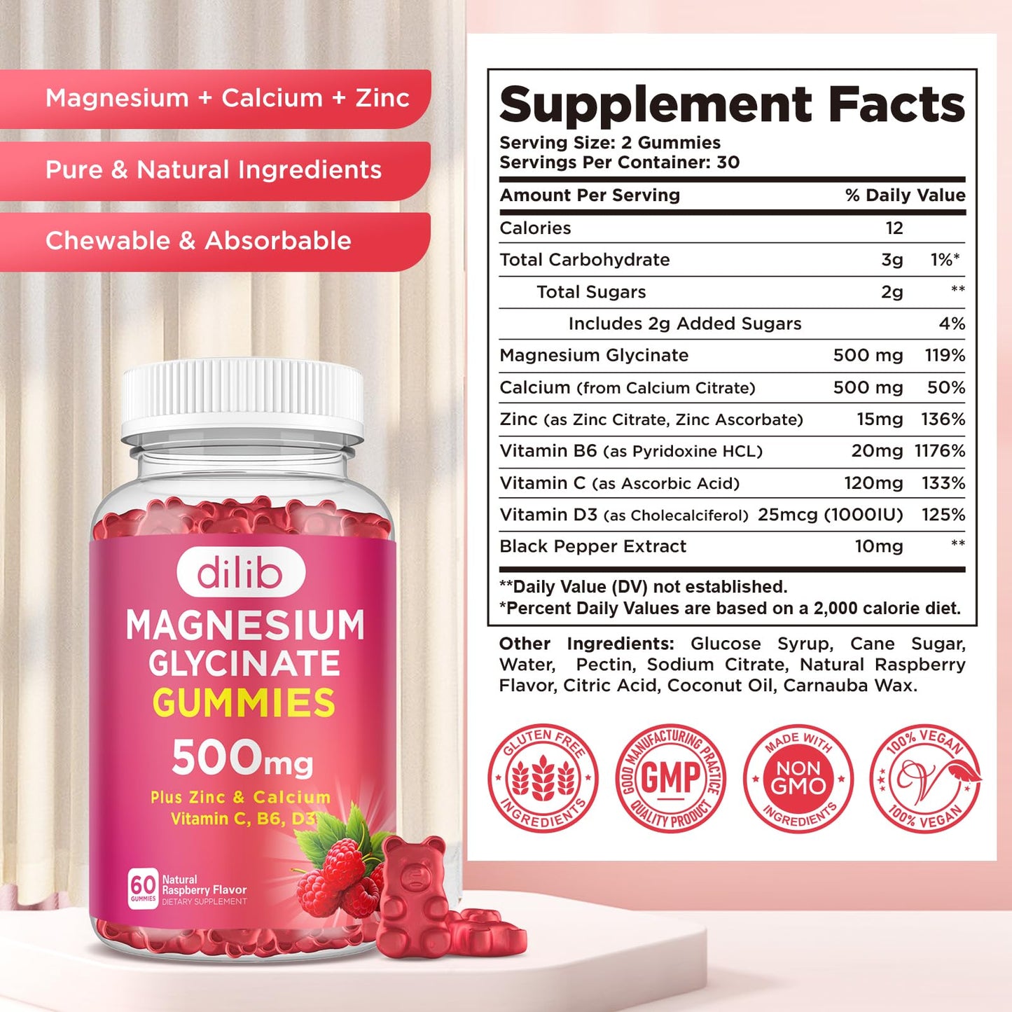 dilib Magnesium Glycinate Gummies 500mg Magnesium Supplement with Calcium, Zinc, Vitamin C, B6, D3 - Calm Chewable Gummies for Kids & Adults - Sleep, Mood & Muscle Support - Raspberry Flavor, 60 Gummies