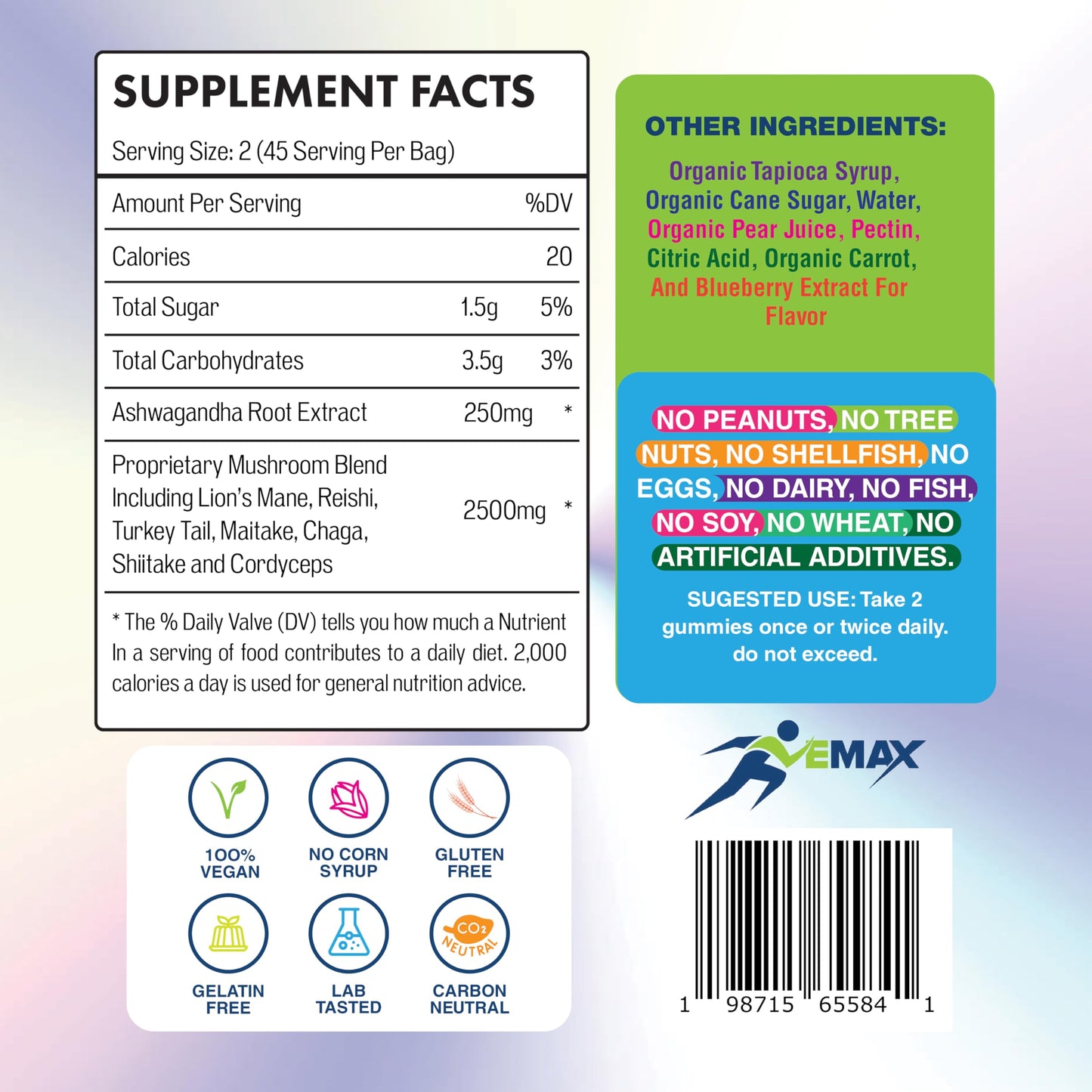 Vemax Ashwagandha and Lions Mane Mushroom Gummies, 90 Count