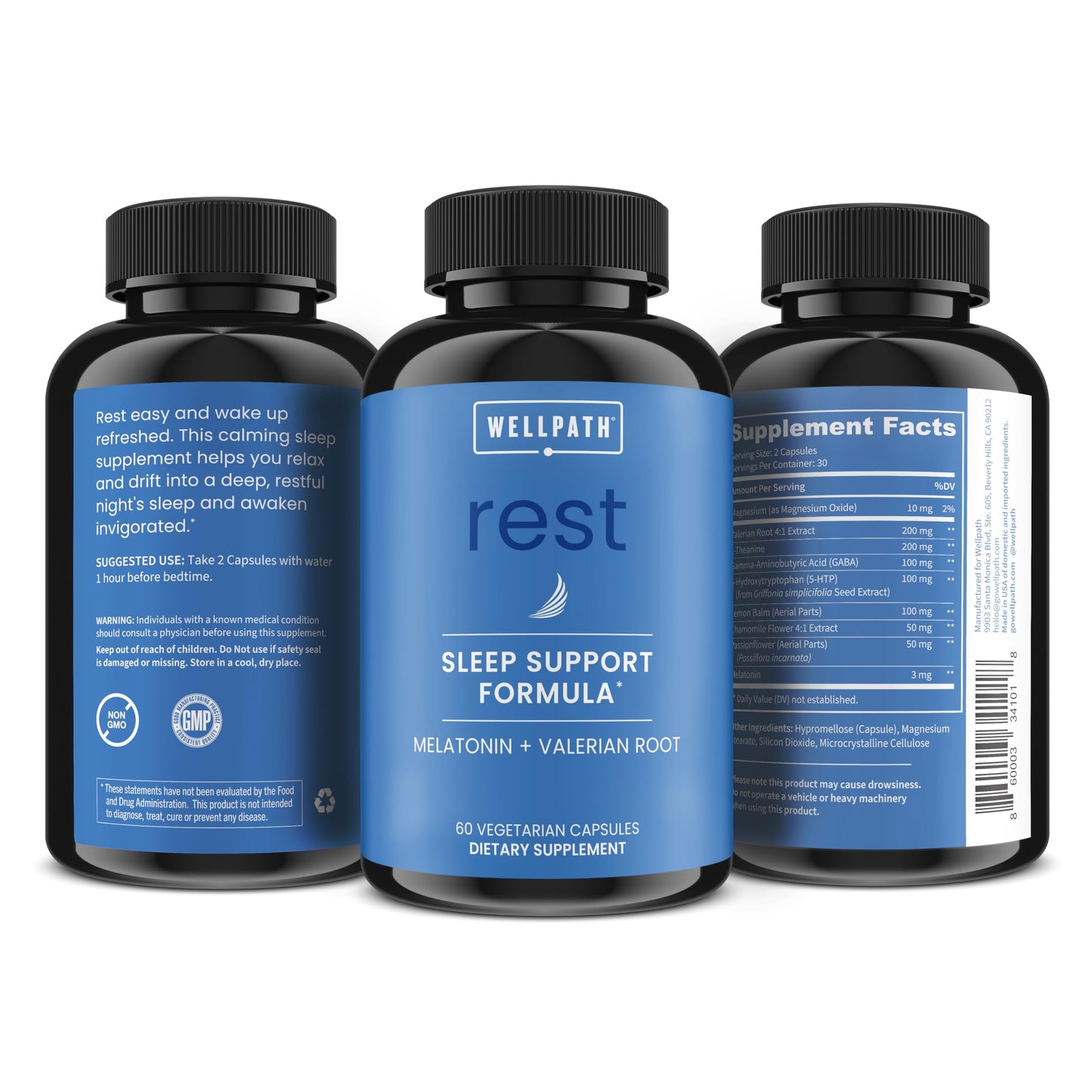 WellPath Rest Valerian Root Sleep Aid for Adults with Melatonin & L-Theanine Capsules, 60 Count