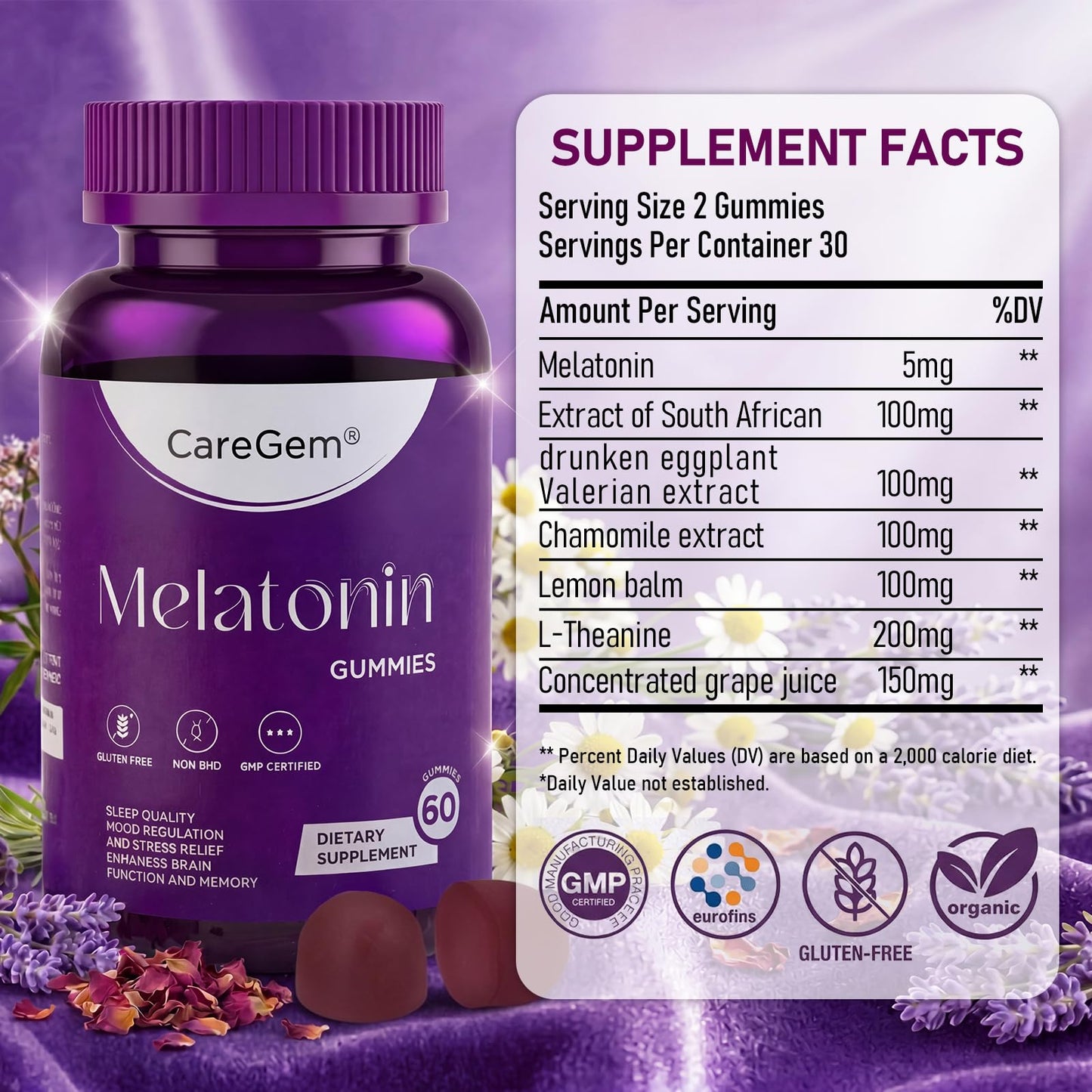 CareGem Sleep Aid 5mg Melatonin Gummies with Ashwagandha, Valerian Root & L-Theanine, Natural Sleep Support, 60 Gummies