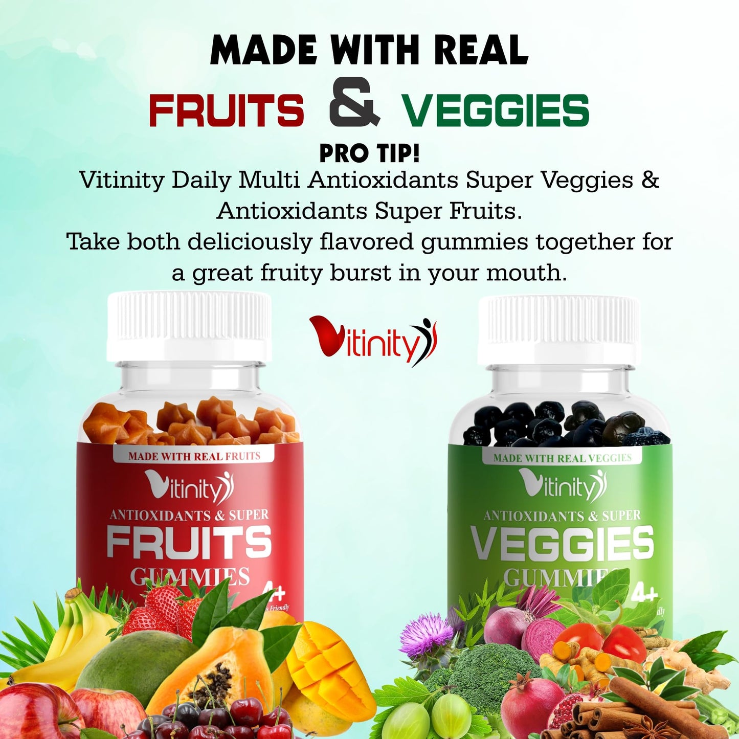 VITINITY Real Fruit & Veggie Gummies - Superfood Vegetable Vitamin Supplement, 240 Gummies