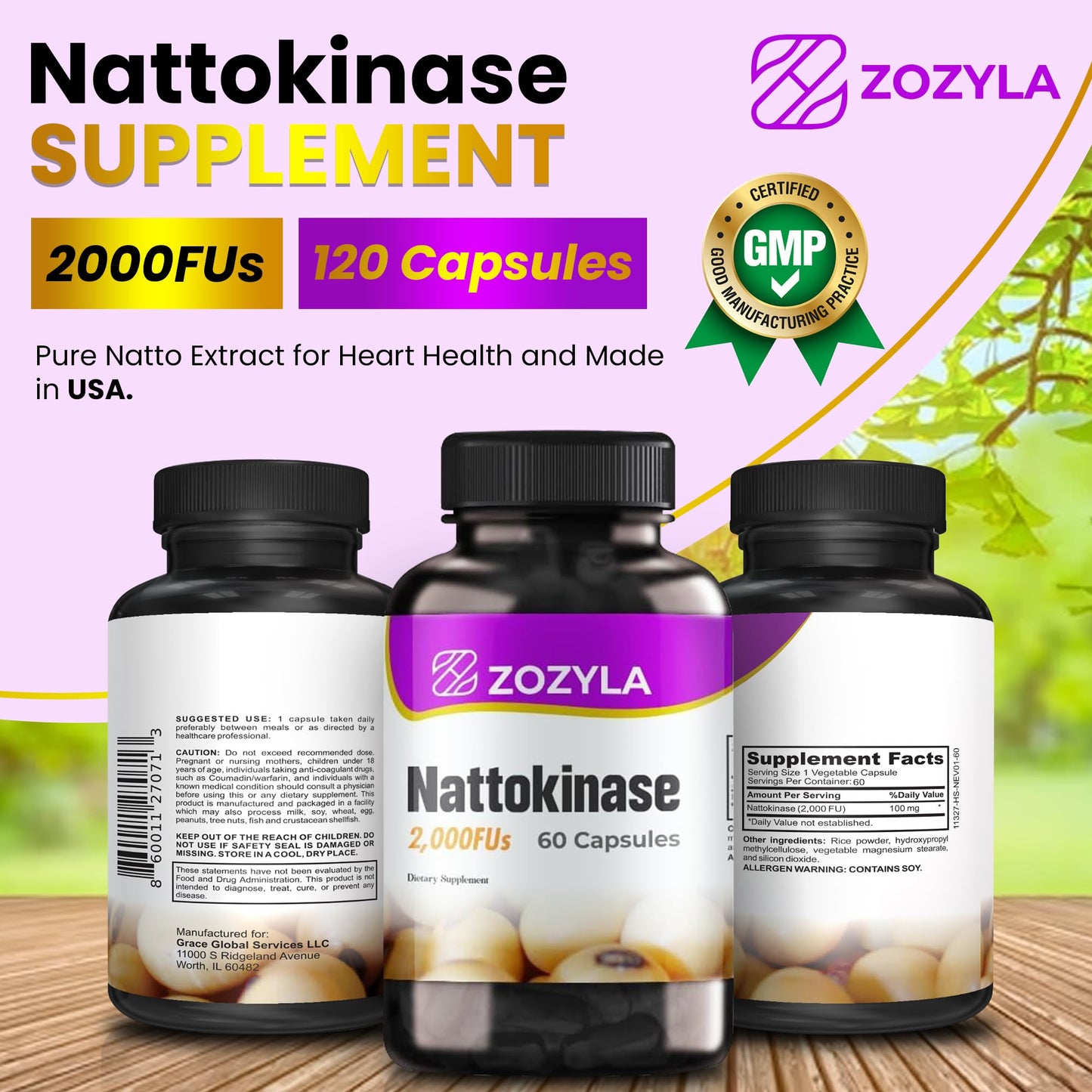 ZOZYLA Nattokinase Supplement 2,000 FU, 60 Capsules