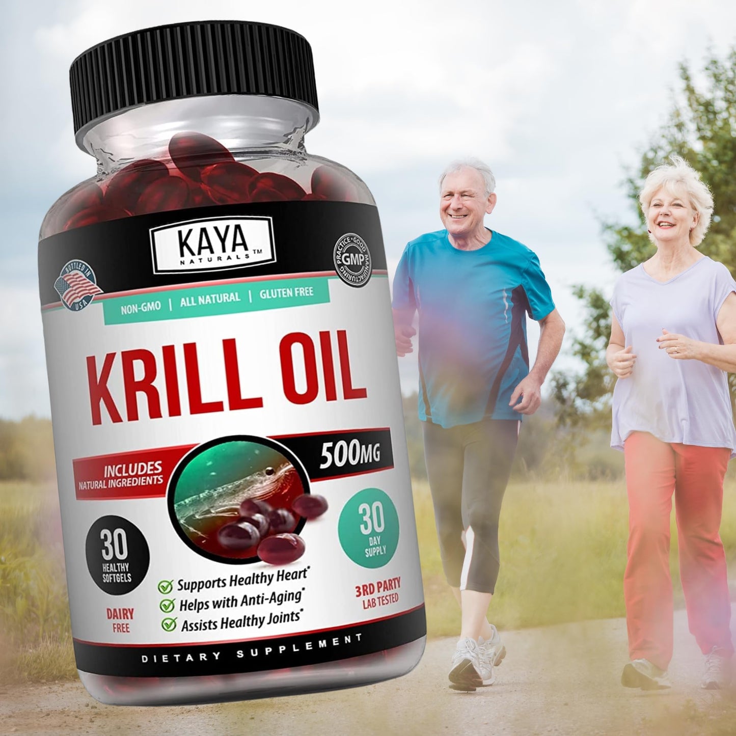 Kaya Naturals Antarctic Krill Oil 500mg with Omega-3, EPA, DHA, Phospholipids & Astaxanthin Softgels, 60 Count