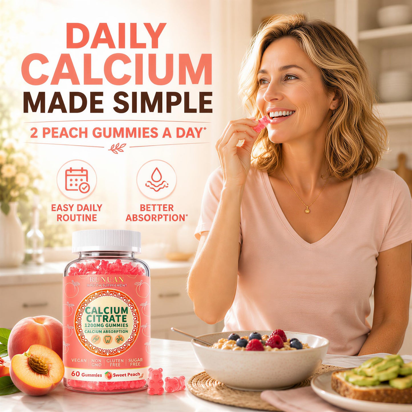 RUNUAN Calcium Citrate Gummies 1200mg Sugar Free for Women Men Adults Peach, 180 Count
