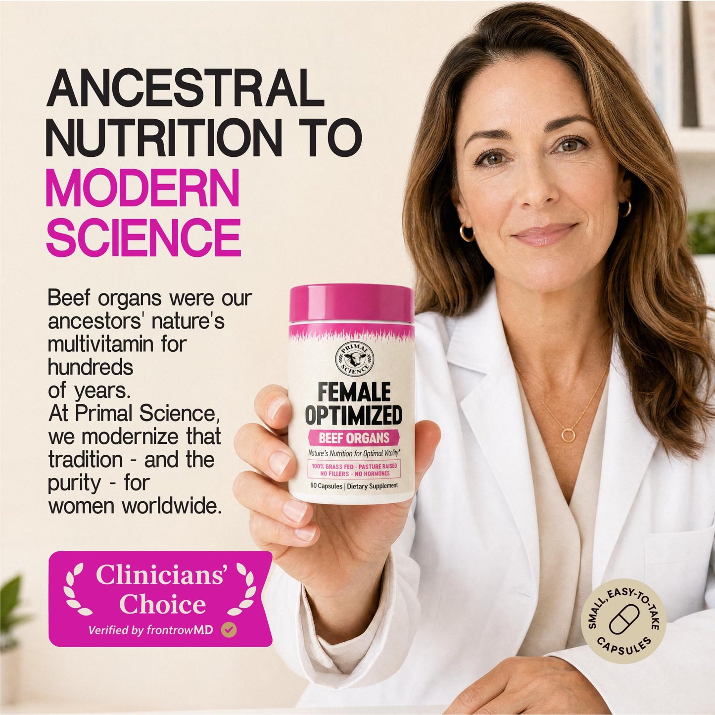 Primal Science Beef Organ Supplement for Women Grass Fed Complex Capsule 60 Count