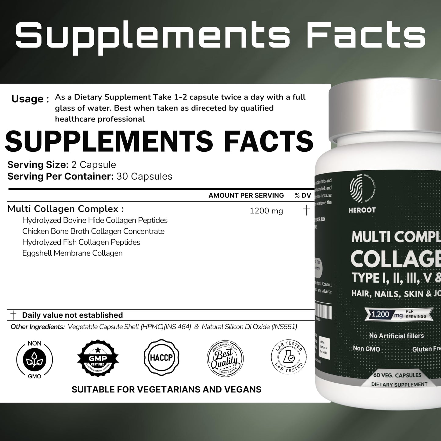 Heroot Plant-Based Collagen 500mg Skin, Hair and Nails Supplement Capsule 60
