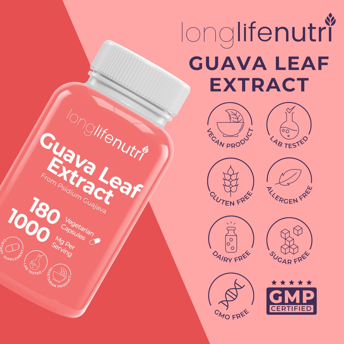 LongLifeNutri Guava Leaf Extract 1000mg Capsule 180 Count