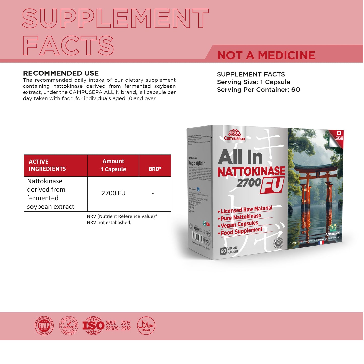 Camrusepa All in Nattokinase 2700 FU Enzyme Supplement for Circulation Support Capsules 60 Count