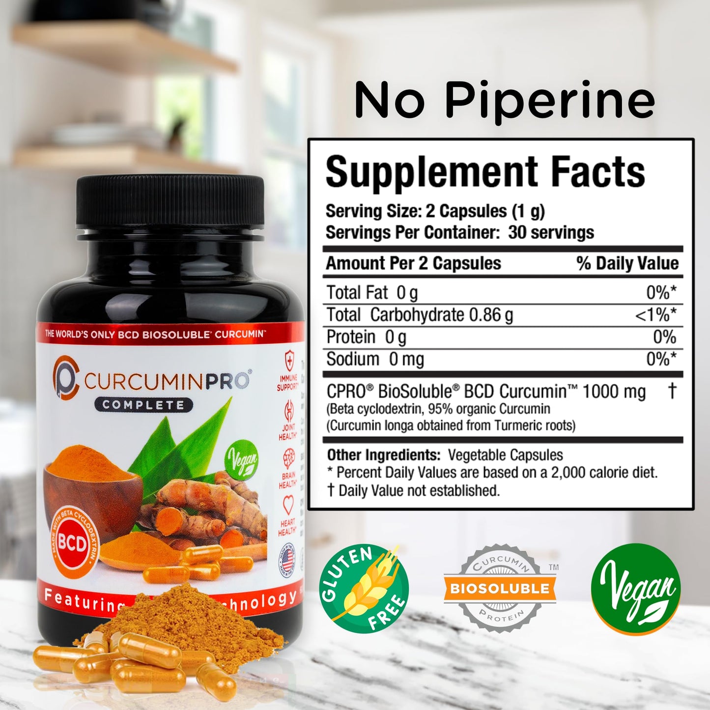 curcuminpro Complete BCD BioSoluble Vegan Beta Cyclodextrin & Organic Turmeric Curcumin Capsule, 60 Count