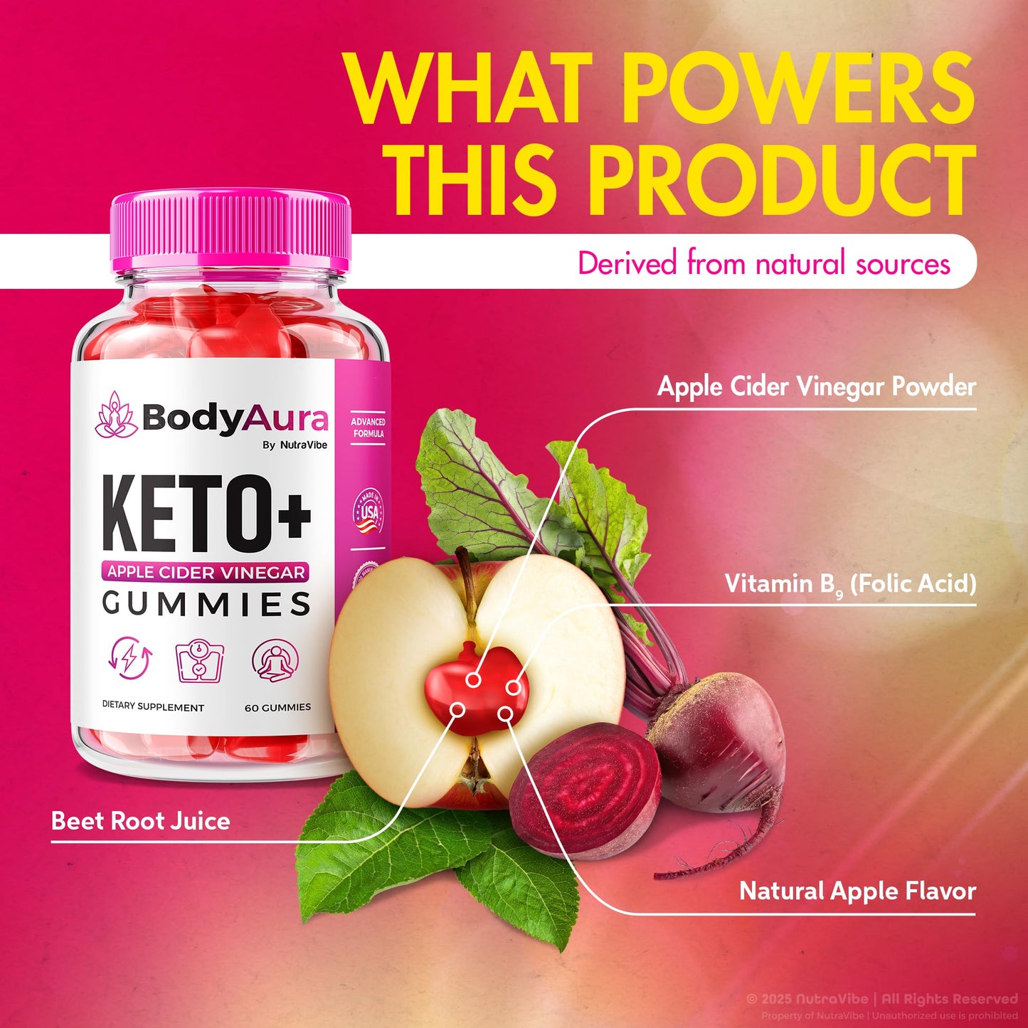 NutraVibe BodyAura Gummies – Keto + Apple Cider Vinegar Advanced Formula for Body Goals, Balance & Natural Energy, Delicious Easy-to-Chew Keto ACV Gummy, 180 Gummies