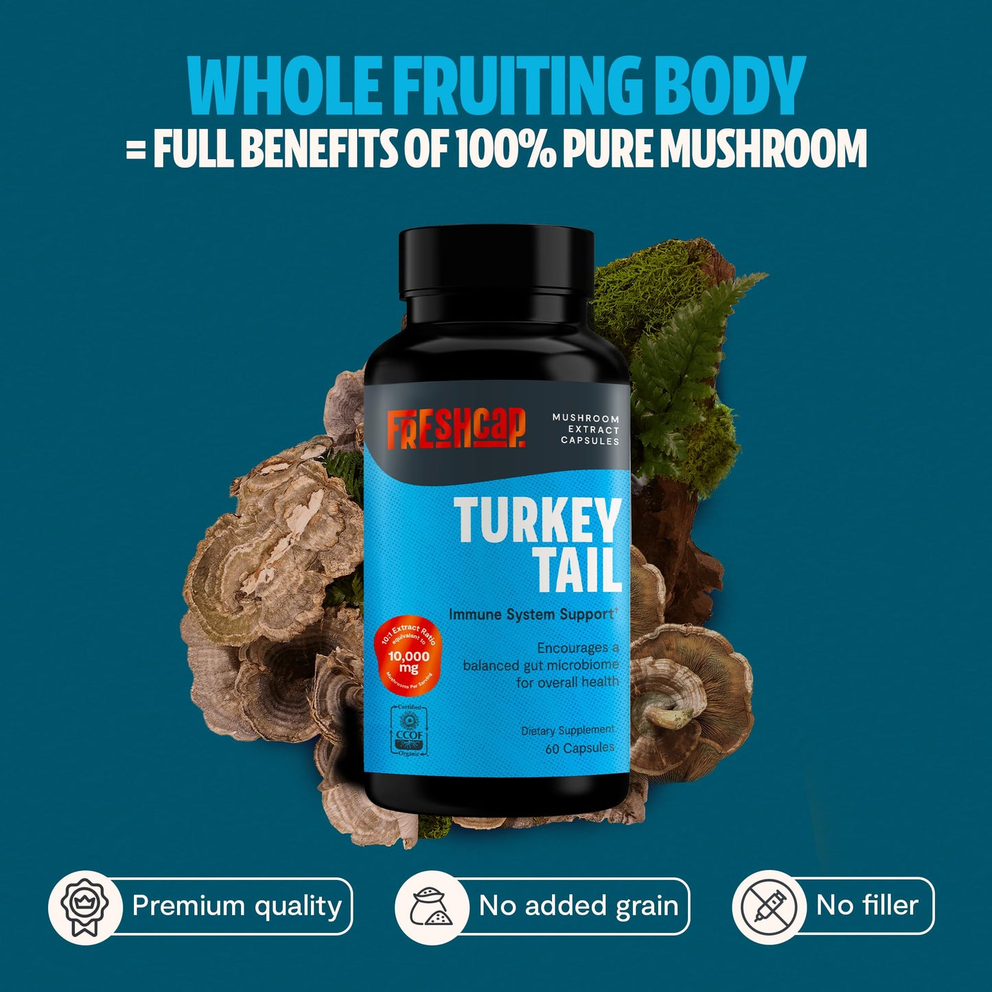 FreshCap Mushrooms Premium Organic Turkey Tail Supplement Capsules 60 Count