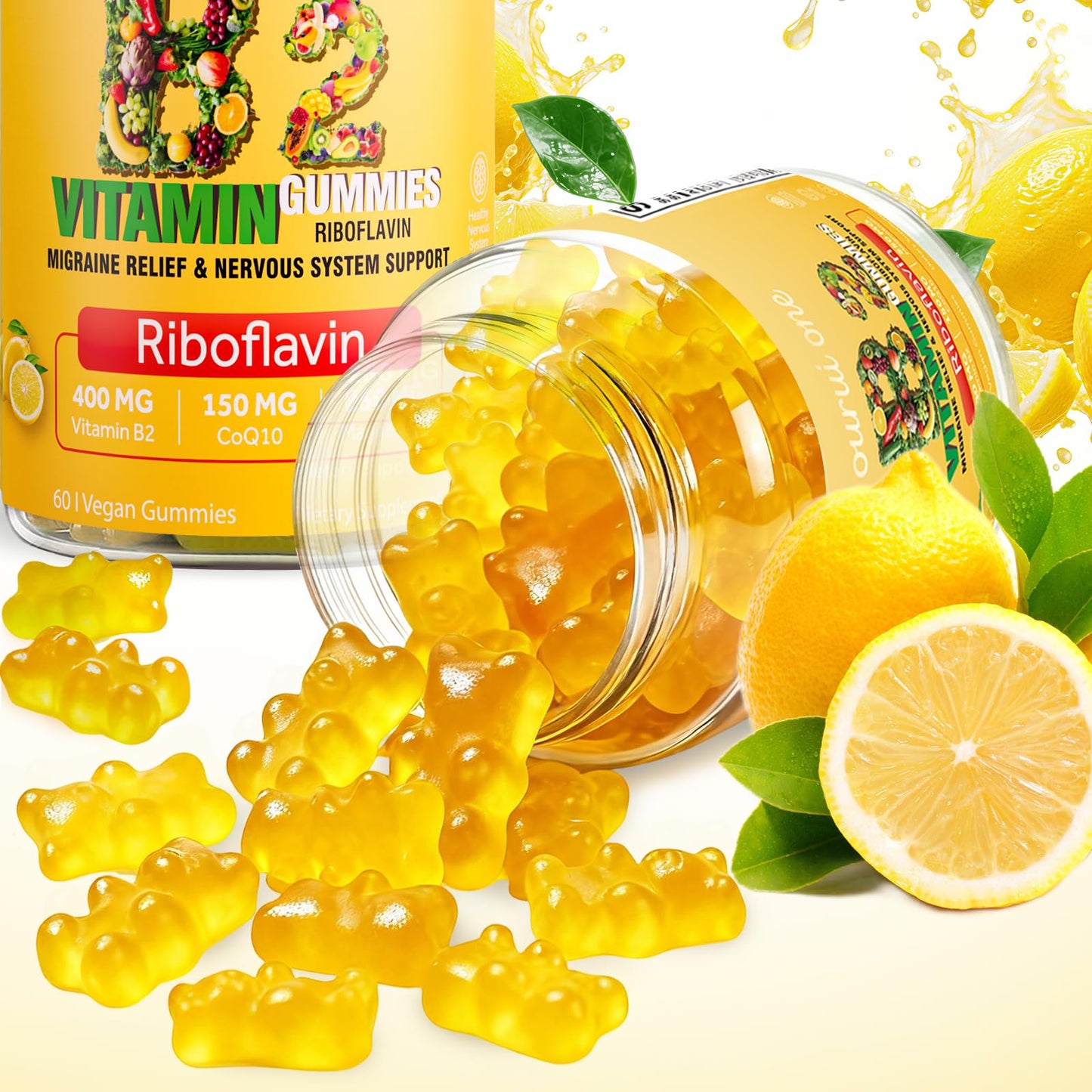 ourui one Vitamin B2 Gummies 400mg with CoQ10 150mg & Magnesium 200mg, Lemon Flavor, 120 Gummies