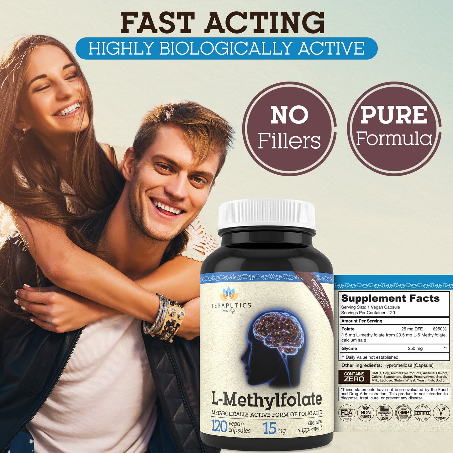 Teraputics L-Methylfolate 15mg 5-MTHF Active Methyl Folate Supplement Capsules 120
