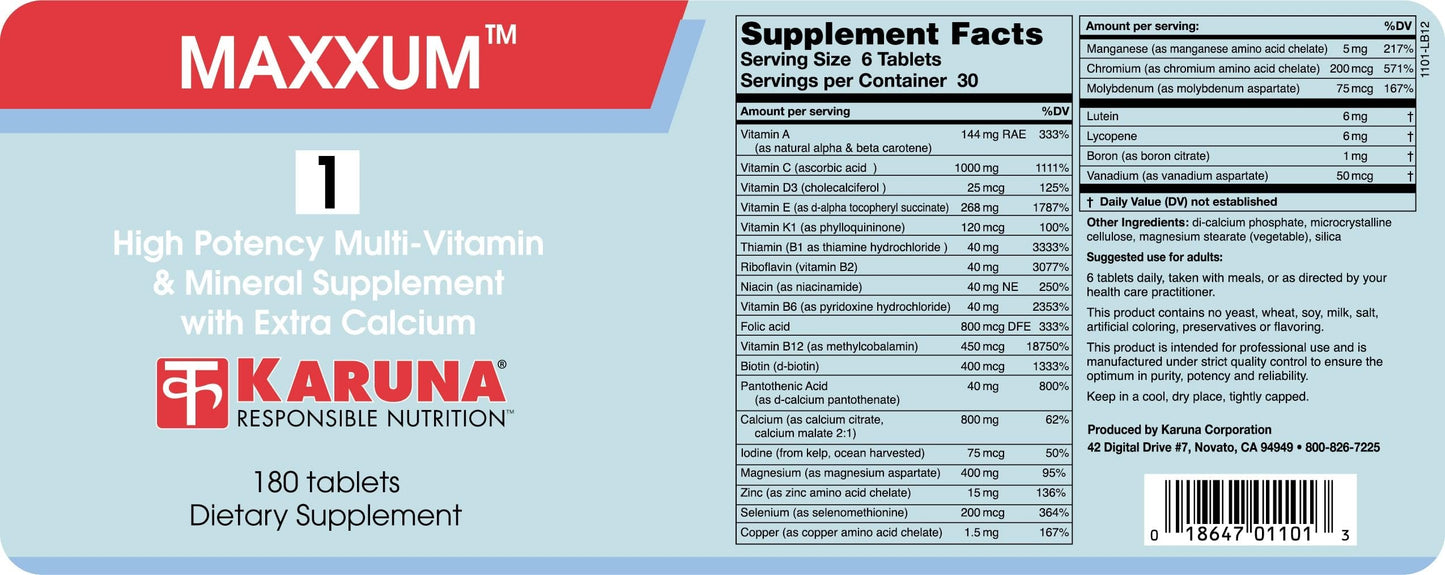 Karuna MAXXUM 1 Multivitamin and Mineral Formula, 180 Tablets