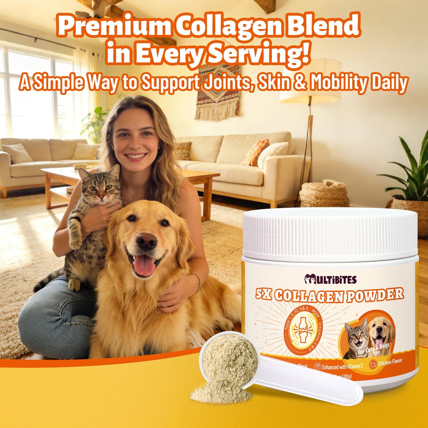 MULTIBITES 5X Collagen Powder for Dogs & Cats – Hip & Joint Supplement with MSM, Hyaluronic Acid & Marine Collagen, Chicken Flavor Food Topper, 110 Servings