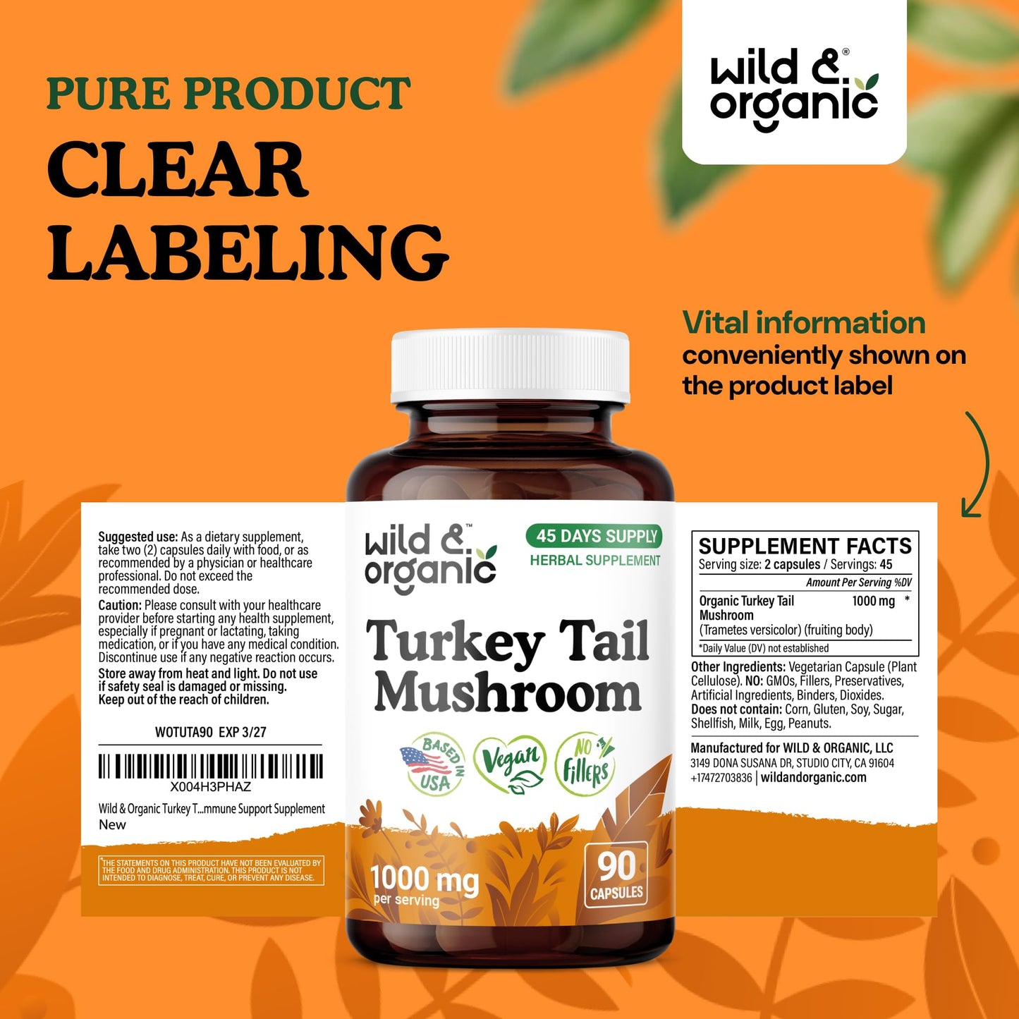 Wild & Organic Turkey Tail Mushroom Capsules 1000 mg, 90 Count