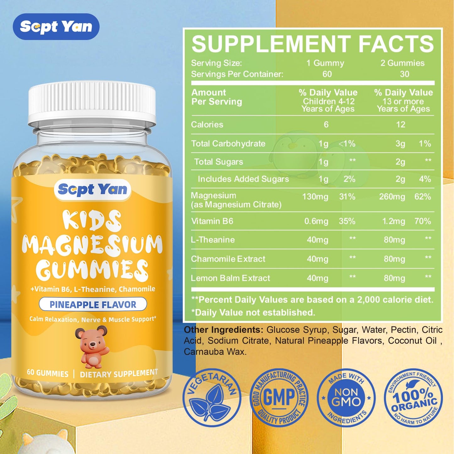 SEPT YAN Magnesium Gummies for Kids, 60 Count