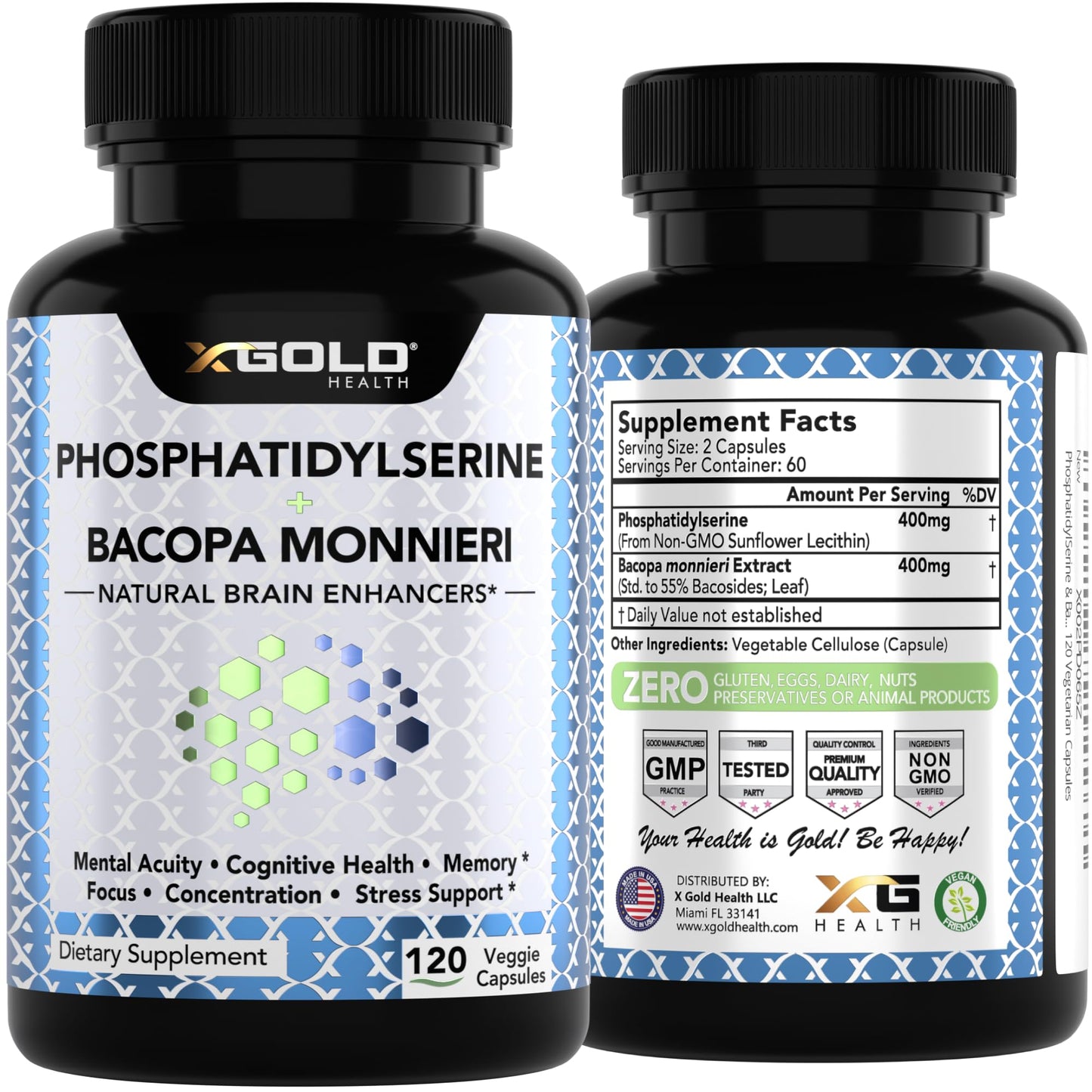 X Gold Health PhosphatidylSerine & Bacopa Monnieri 800 mg 2 in 1 Supplement Capsules, 120 Count