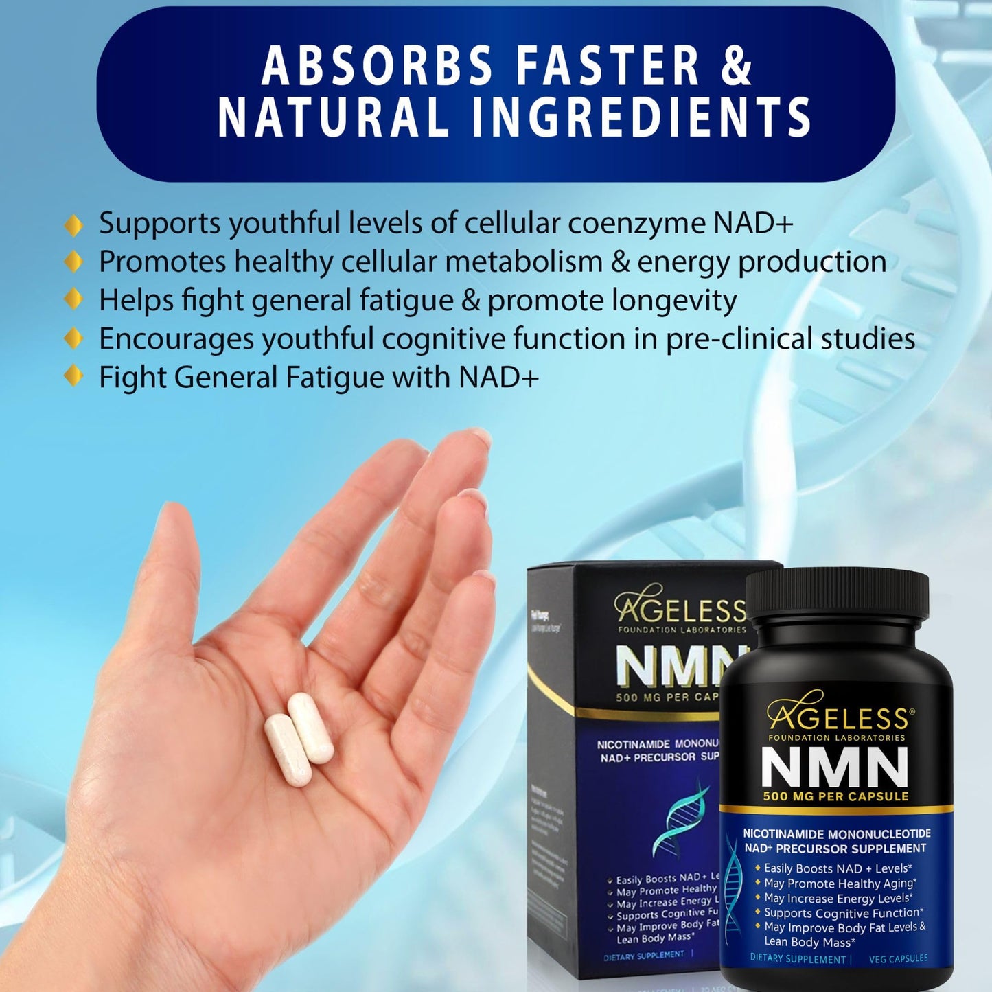 Ageless Foundation Laboratories NMN Supplement 500mg For Women & Men, Capsule, 90 Capsules
