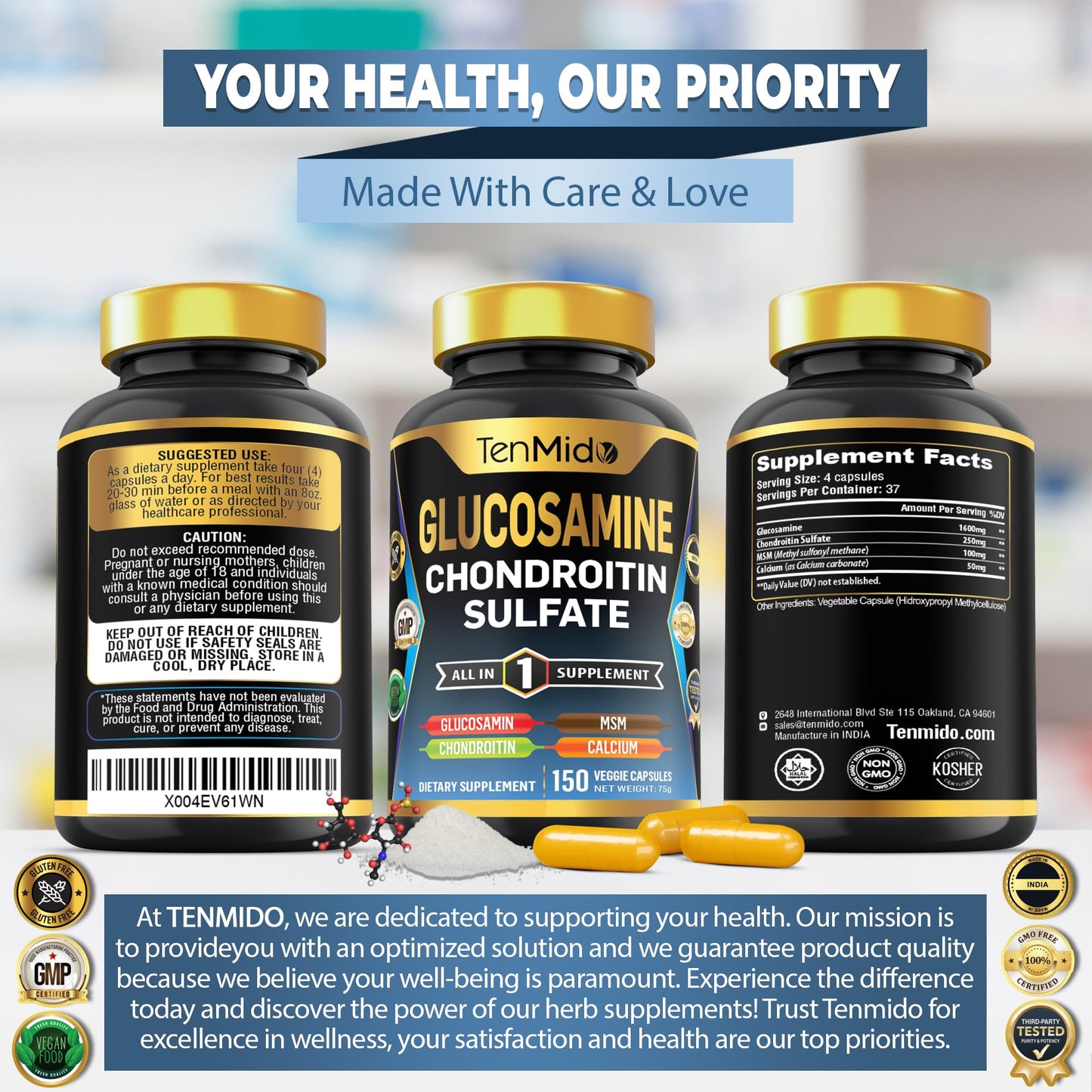 Tenmido Glucosamine Chondroitin MSM Supplement Capsules, 150 Count