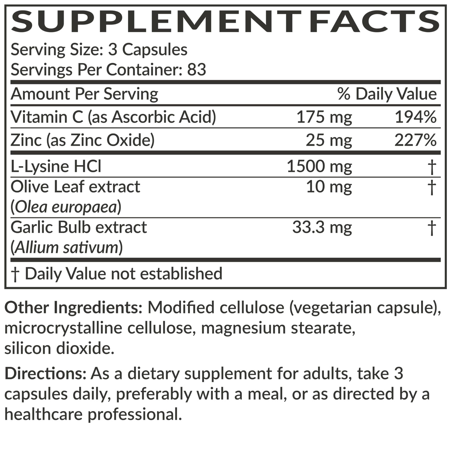 Futurebiotics L-Lysine Defense Immune Support Complex 1500 mg per Serving with Vitamin C, Zinc, Olive Leaf & Garlic, Non-GMO, 250 Capsules