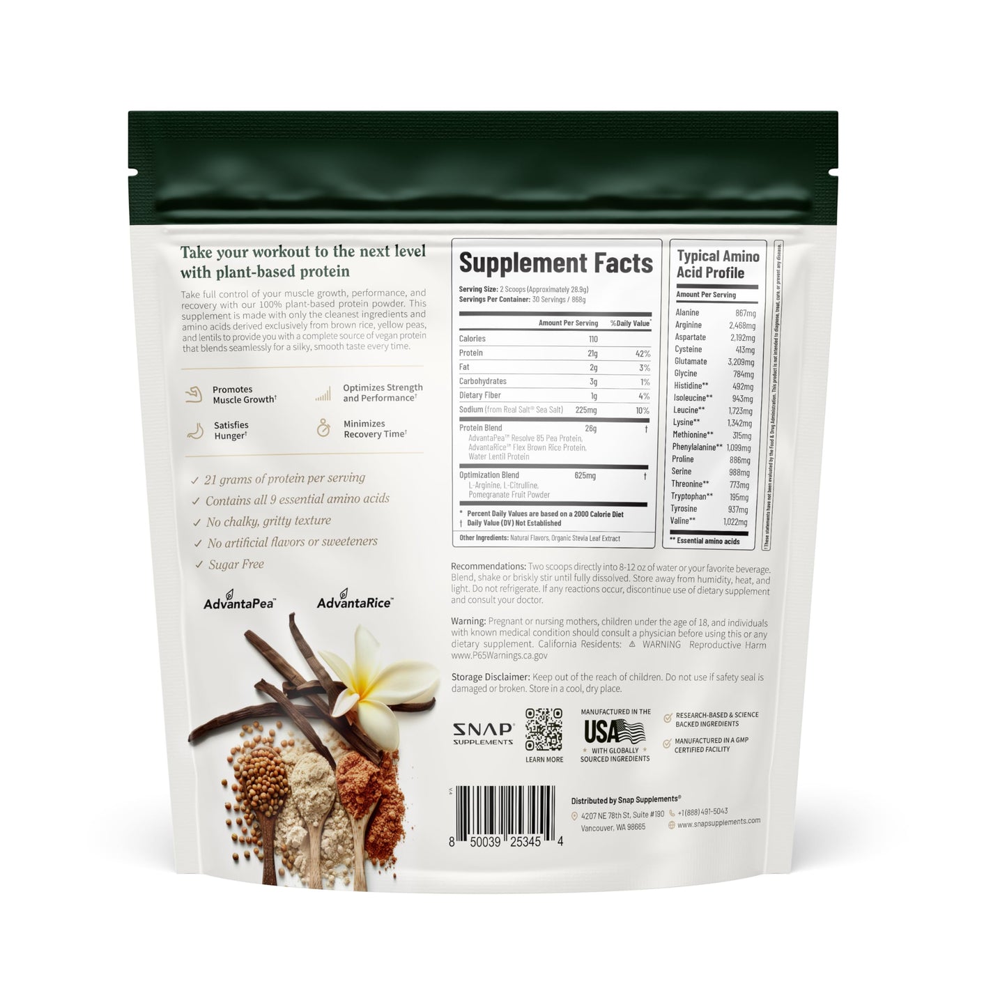Snap Supplements Organic Plant Based Vegan Protein Powder Nitric Oxide Boosting Vanilla Bean, 30 Servings