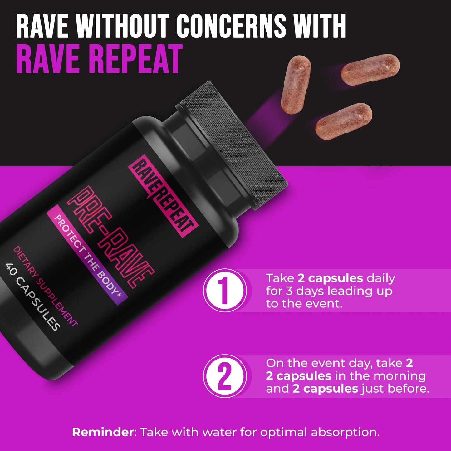 Rave Repeat Pre-Rave Supplement Capsules, 40 Count