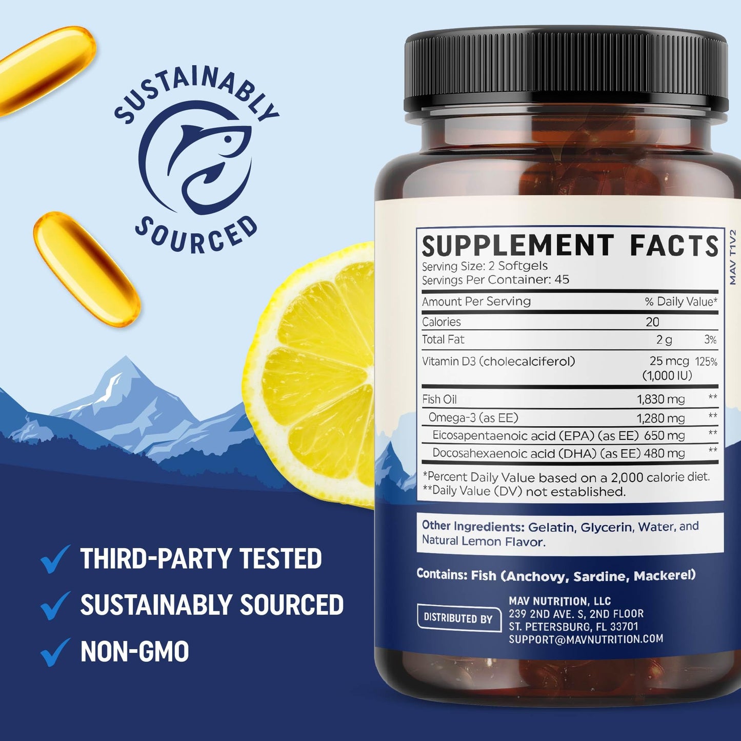 MAV NUTRITION Omega 3 Fish Oil with Vitamin D3 Softgels 90 Count