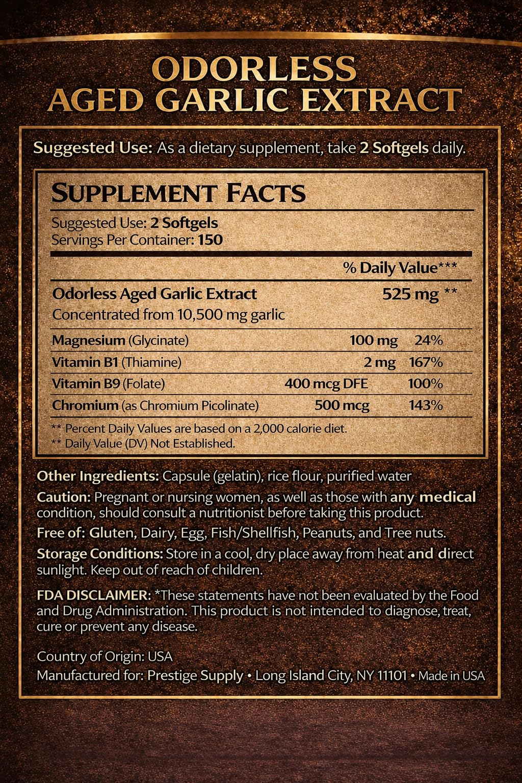 Prestige Supply Aged Garlic Extract Odorless Garlic Supplements with Magnesium, Chromium, B1 & B9 Softgels 300 Count
