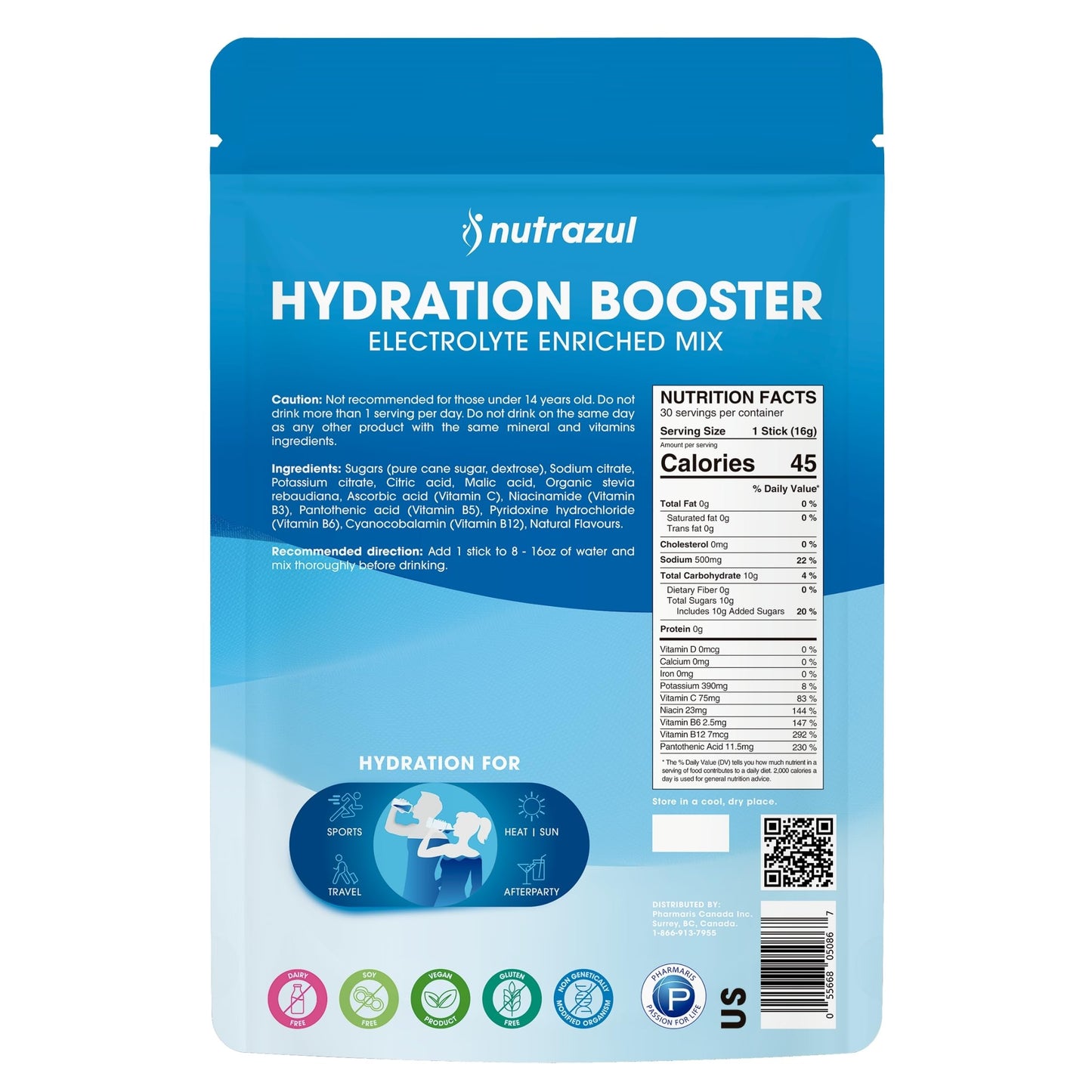 Nutrazul Hydration Booster Electrolytes (Powder Sticks) with Sodium, Potassium, Vitamin B6 & B12, No Artificial Sweeteners, Acai Berry, Lemon Lime & Passion Fruit Flavor, 30 Sticks