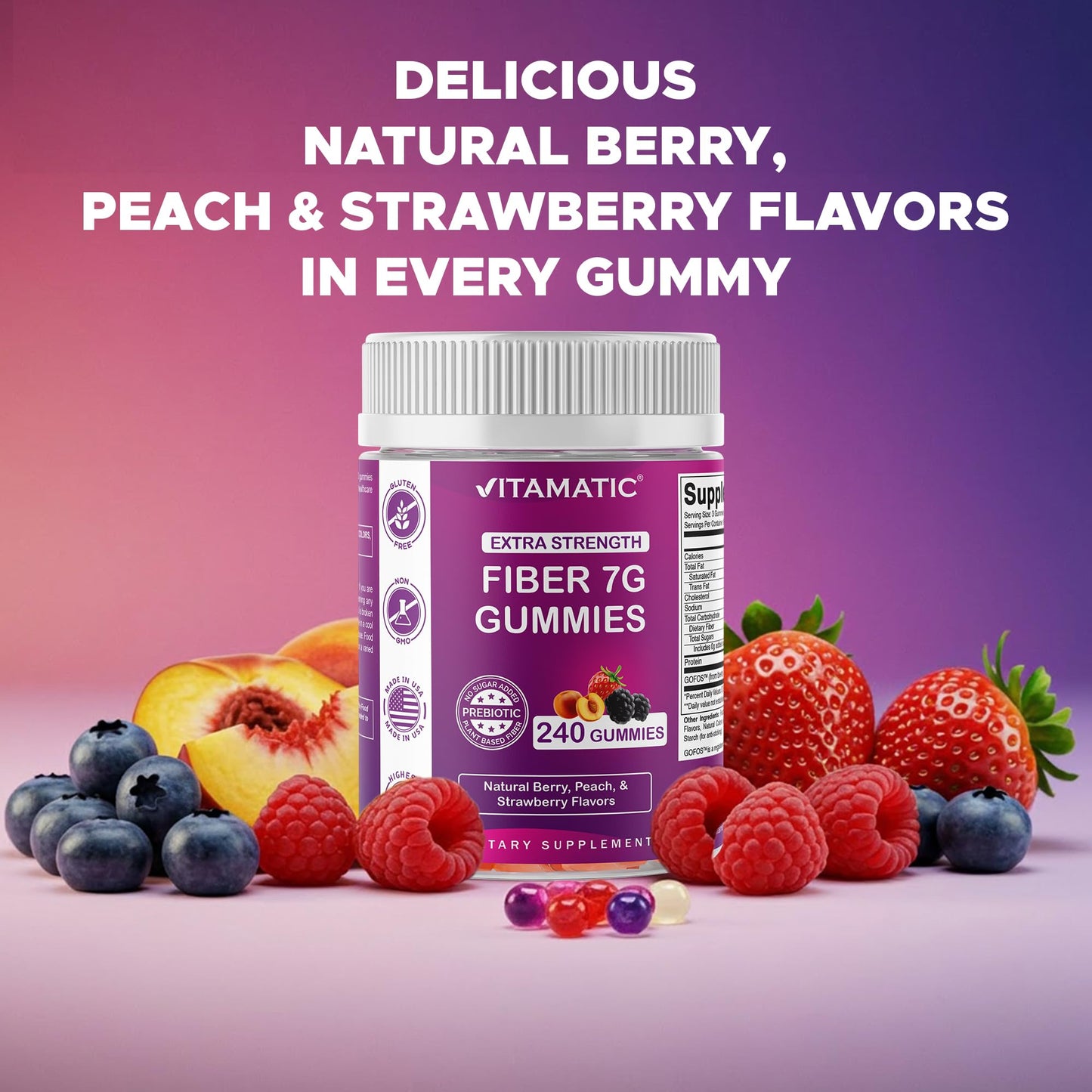 Vitamatic Prebiotic Fiber Gummies for Adults, 7G Extra Strength, Zero Sugar Added, Pectin-Based, 240 Gummies