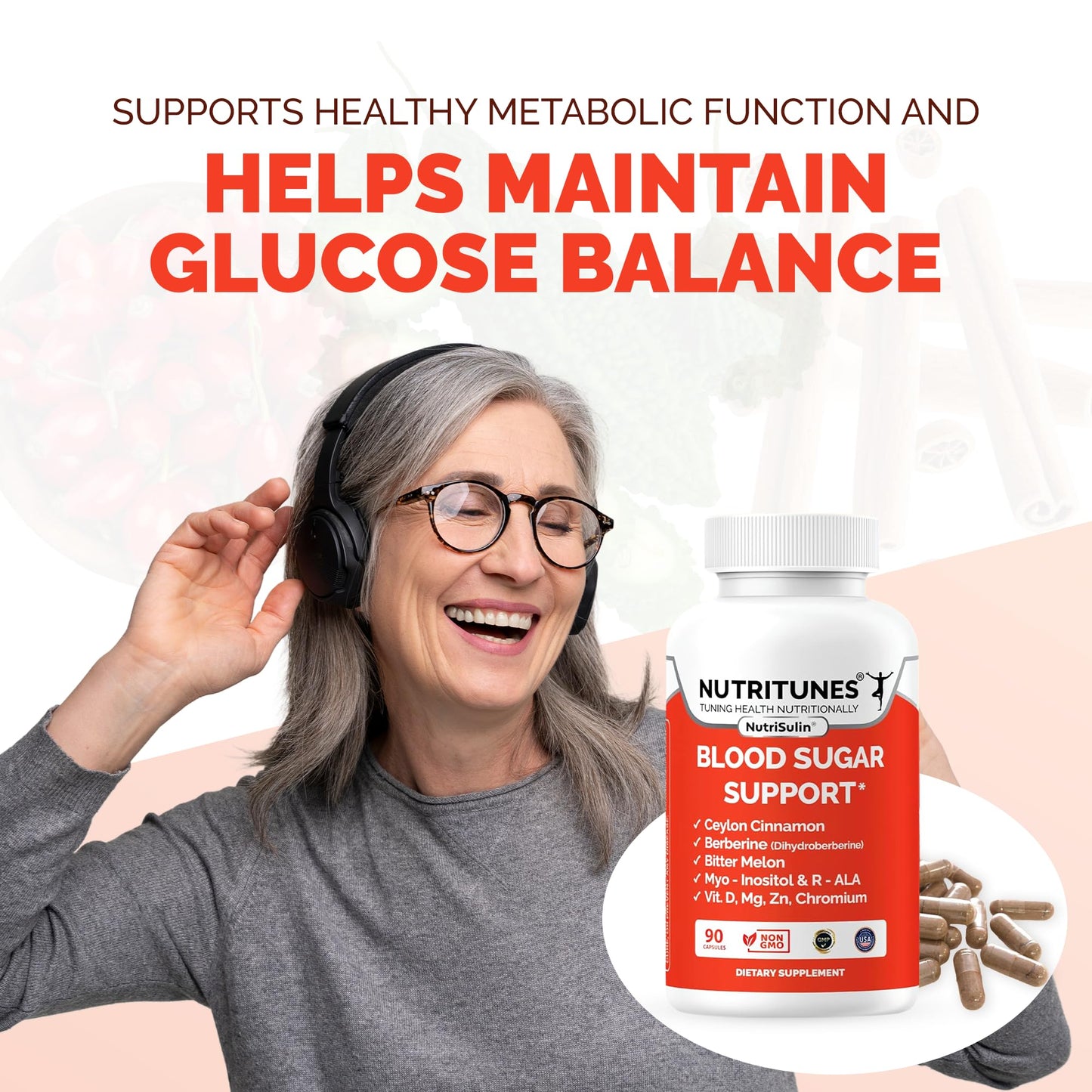 Nutritunes Ceylon Cinnamon & Berberine (Dihydroberberine) Supplement for Blood Sugar Support with Added Blood Sugar Complex Myo-Inositol Bitter Melon R-ALA VIT. D Chromium Magnesium & Zn 90 Capsules