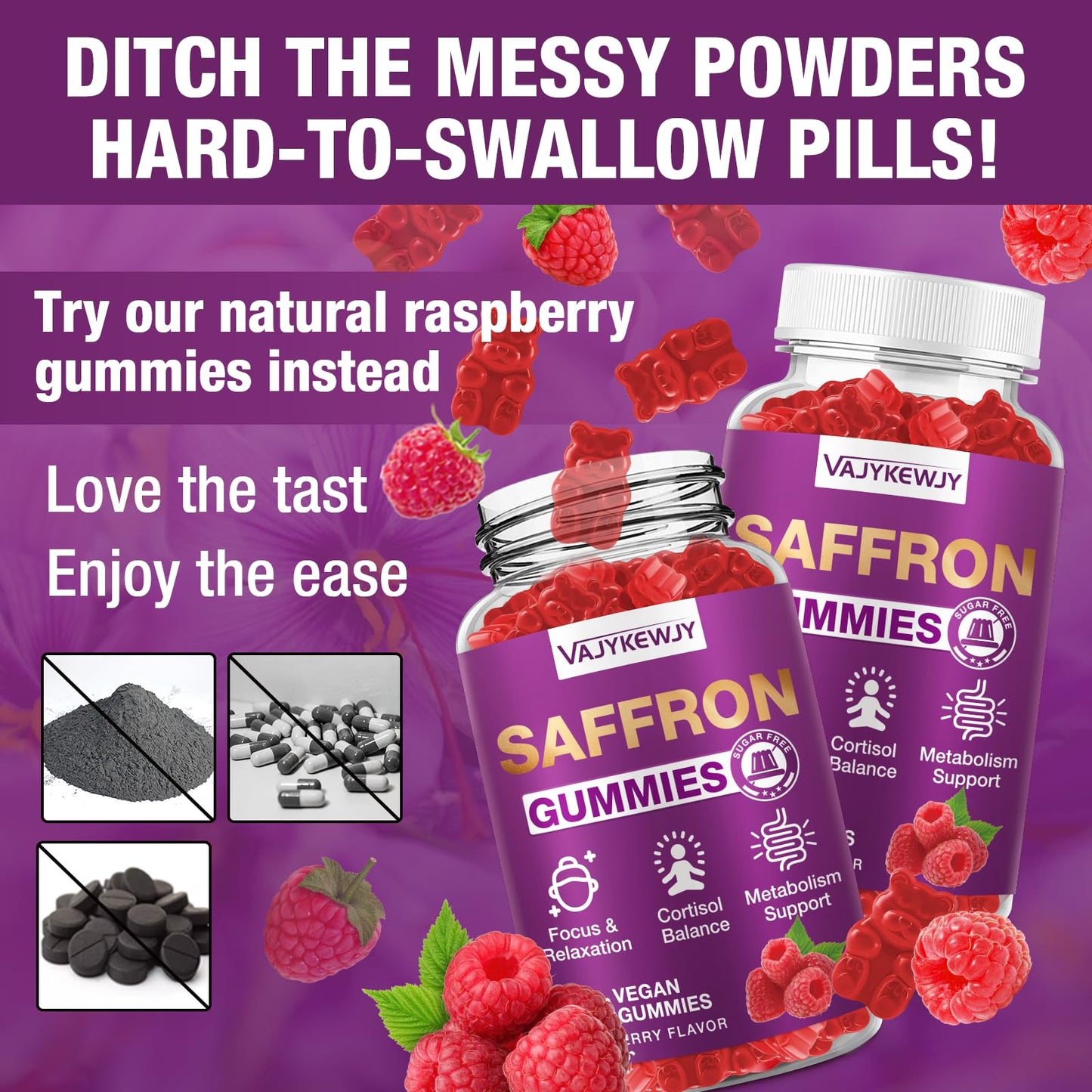 VAJYKEWJY Saffron Gummies (88.5 mg) with Magnesium — Enhanced with St. John’s Wort, Rhodiola, Ashwagandha & Vitamins B6, B12, D3 for Mood & Focus Support, 60 Gummies