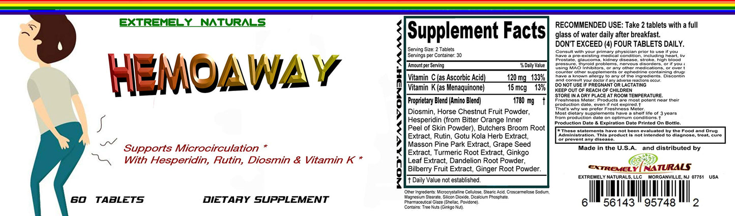 EXTREMELY NATURALS HEMOAWAY Natural Hemorrhoid Vitamins, Piles & Anal Fissure Relief, 60 Tablets