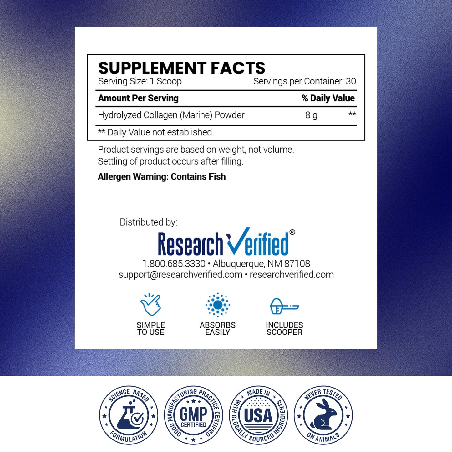 Research Verified Collagen Powder - Hydrolyzed Marine Collagen Peptides - Unflavored - Skin Hydration and Elasticity, Muscle Recovery, Non GMO, 8.47 Ounce