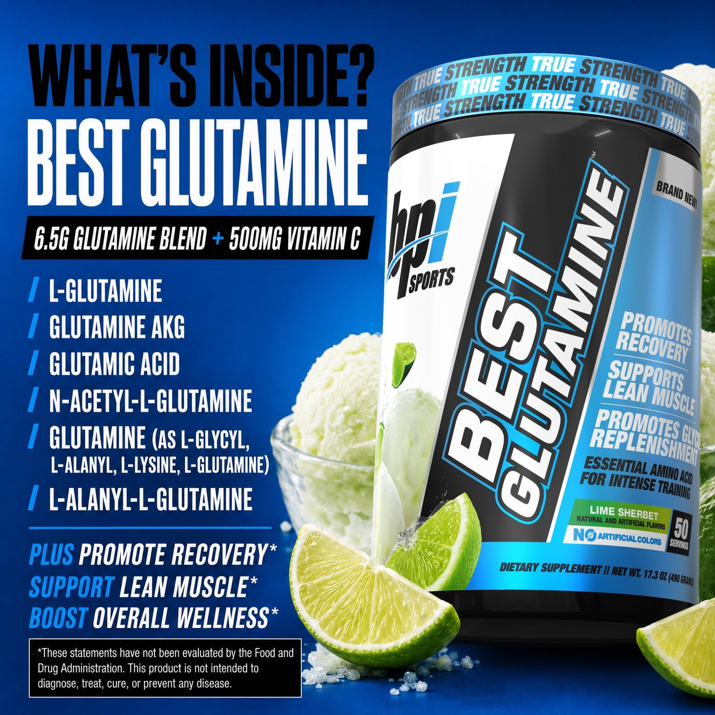 BPI Sports Best Glutamine Supplement Lime Sherbet Flavor Powder 14.1 Ounce