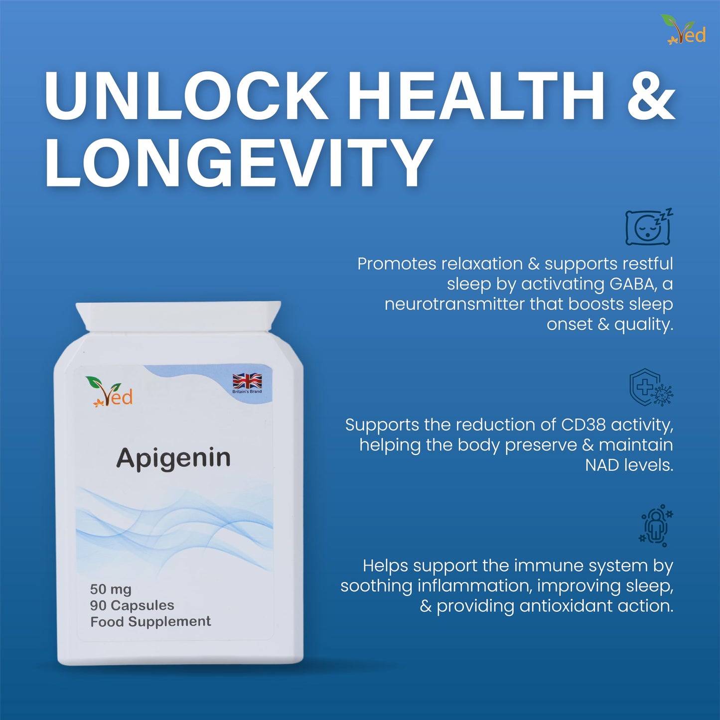 Ved Apigenin 50mg Capsule, 90 Count