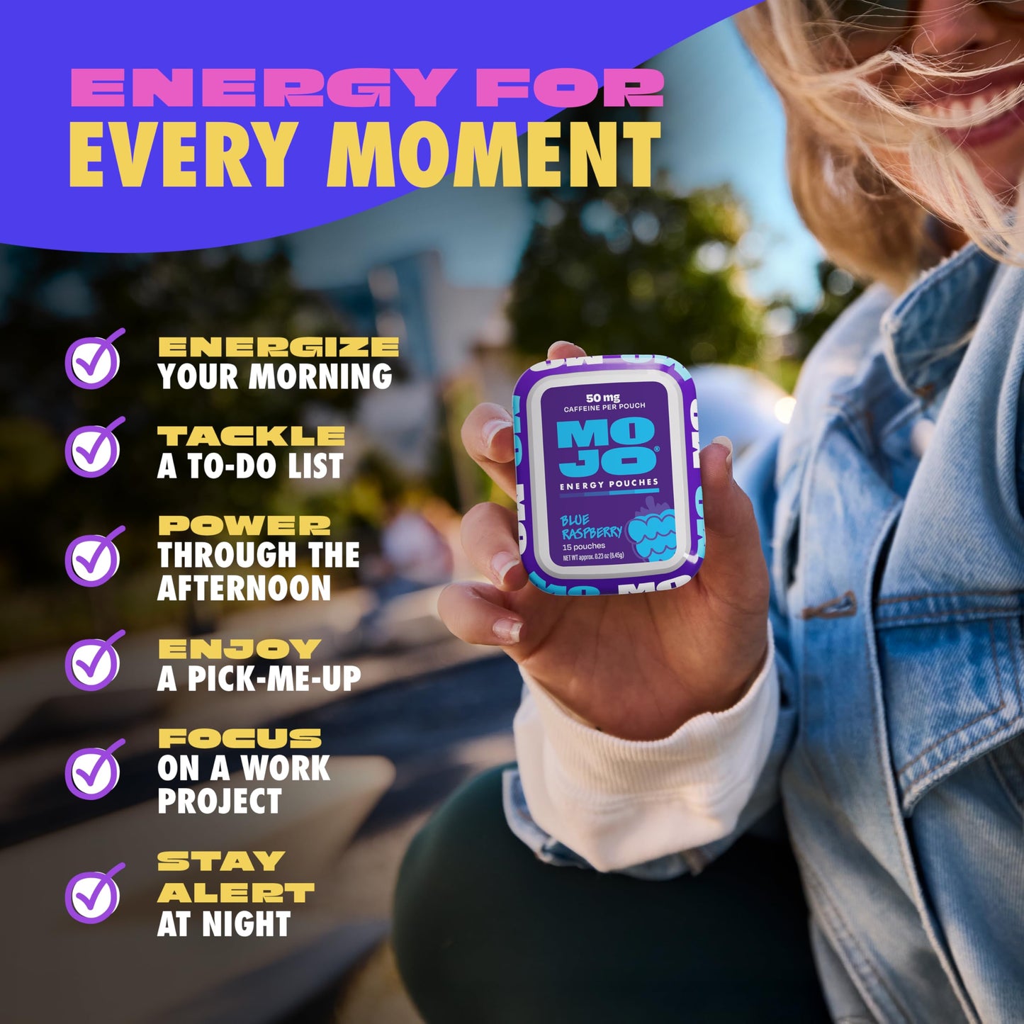 MOJO Energy Pouches Blue Raspberry Flavor, 50 mg Caffeine Per Pouch, 75 Pouches