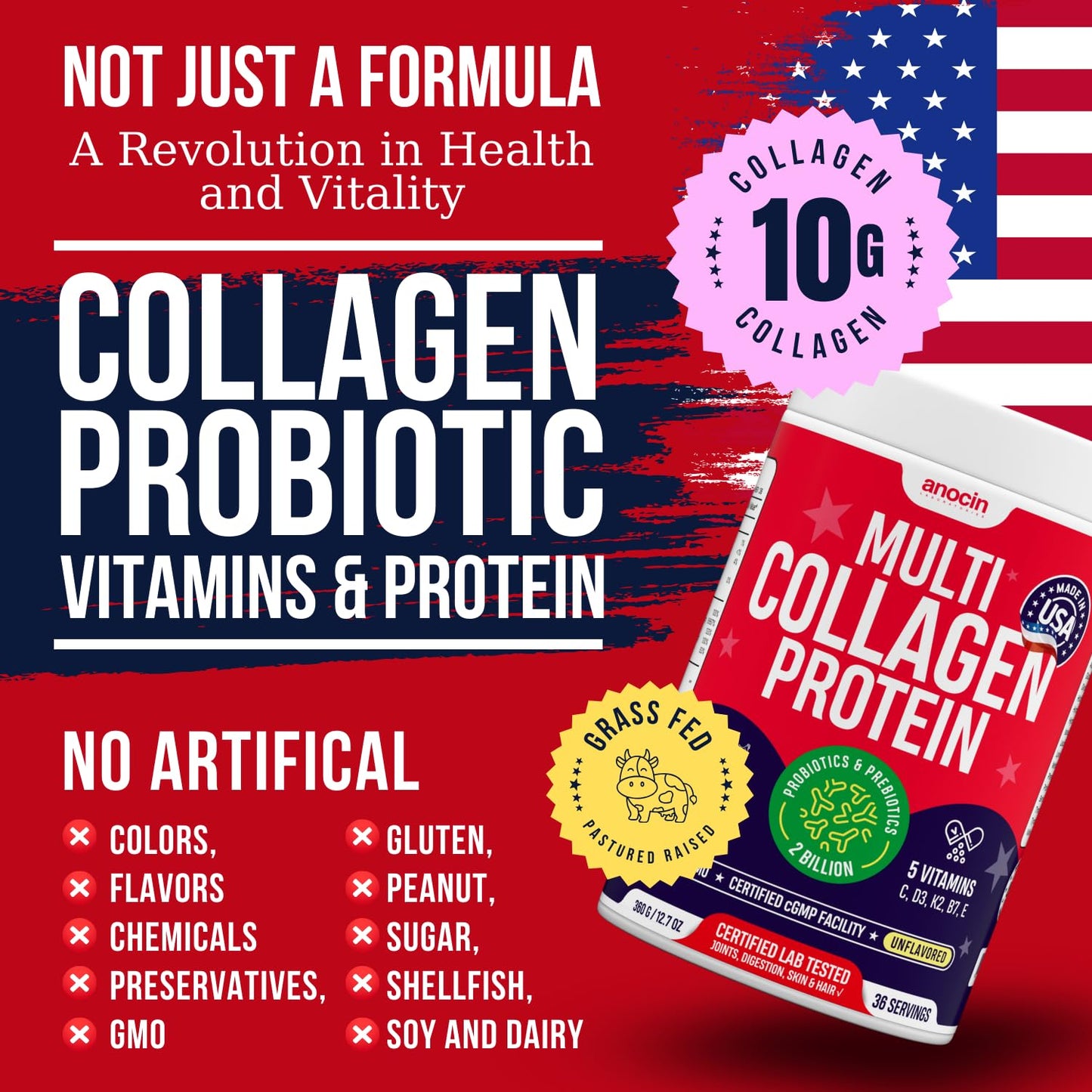 anocin Multi Collagen Peptides Powder, 12.7 oz
