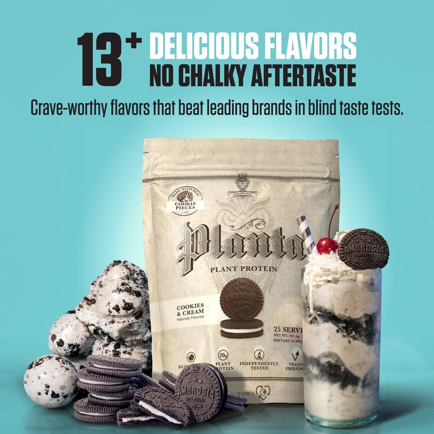 Ambrosia Plant Based Protein Powder 25 Servings, Cookies & Cream