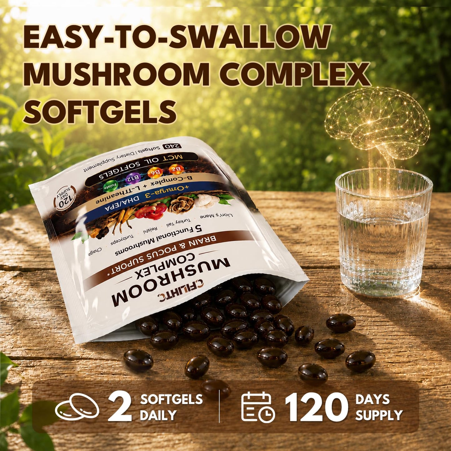 CFILIHTC Lion's Mane Supplement - Mushroom Complex with Lion's Mane, Turkey Tail, Reishi, Cordyceps & Chaga, Omega-3 DHA & EPA, B-Complex, L-Theanine, 240 Capsules